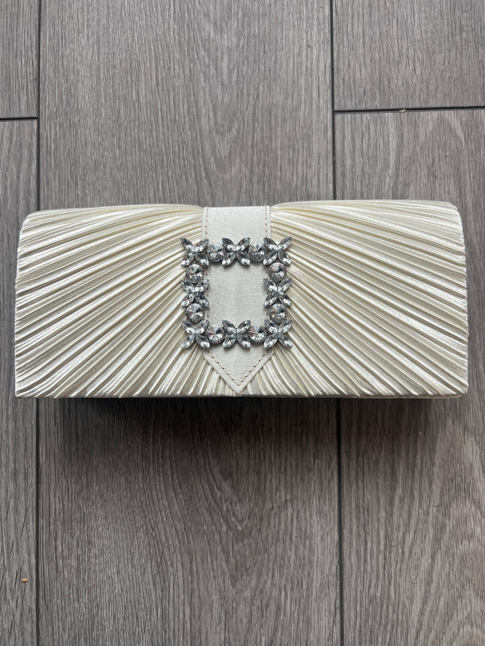 Ivory Satin Pleated Clutch Bag With Jewel Embellishment-Fascinators Direct