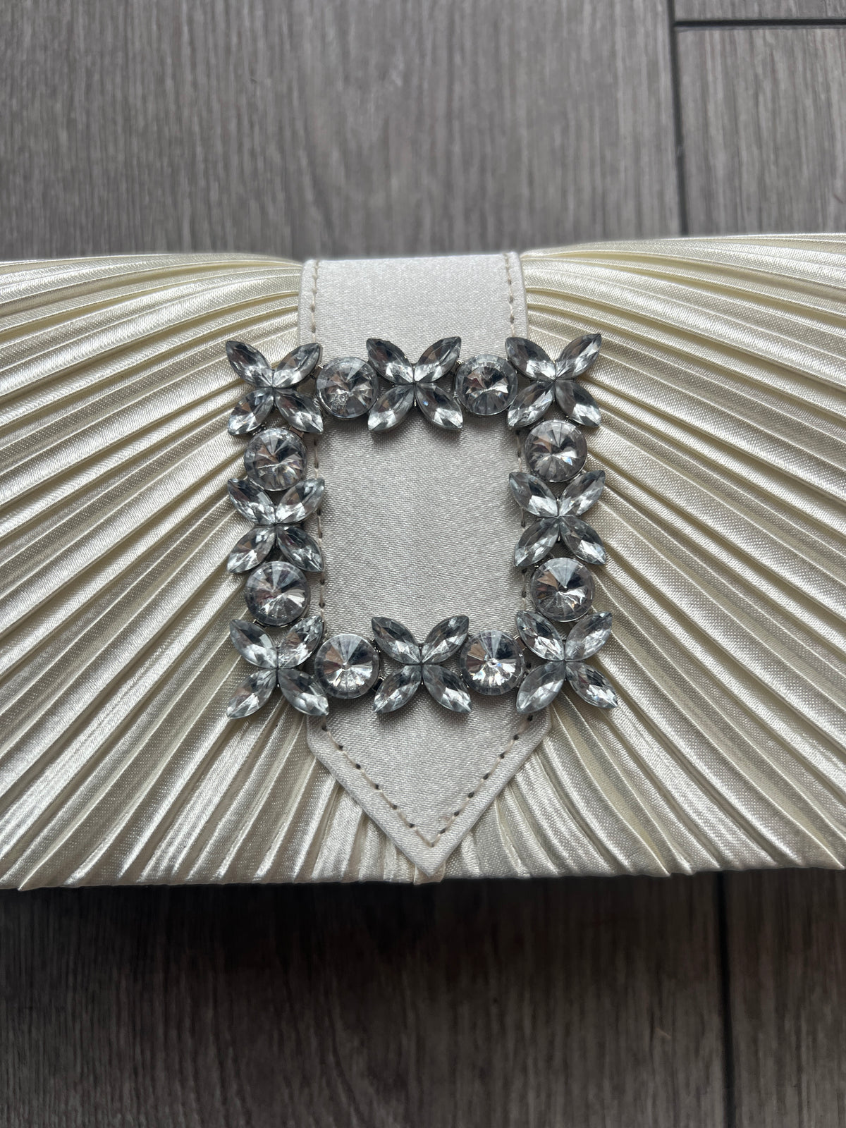 Ivory Satin Pleated Clutch Bag With Jewel Embellishment-Fascinators Direct