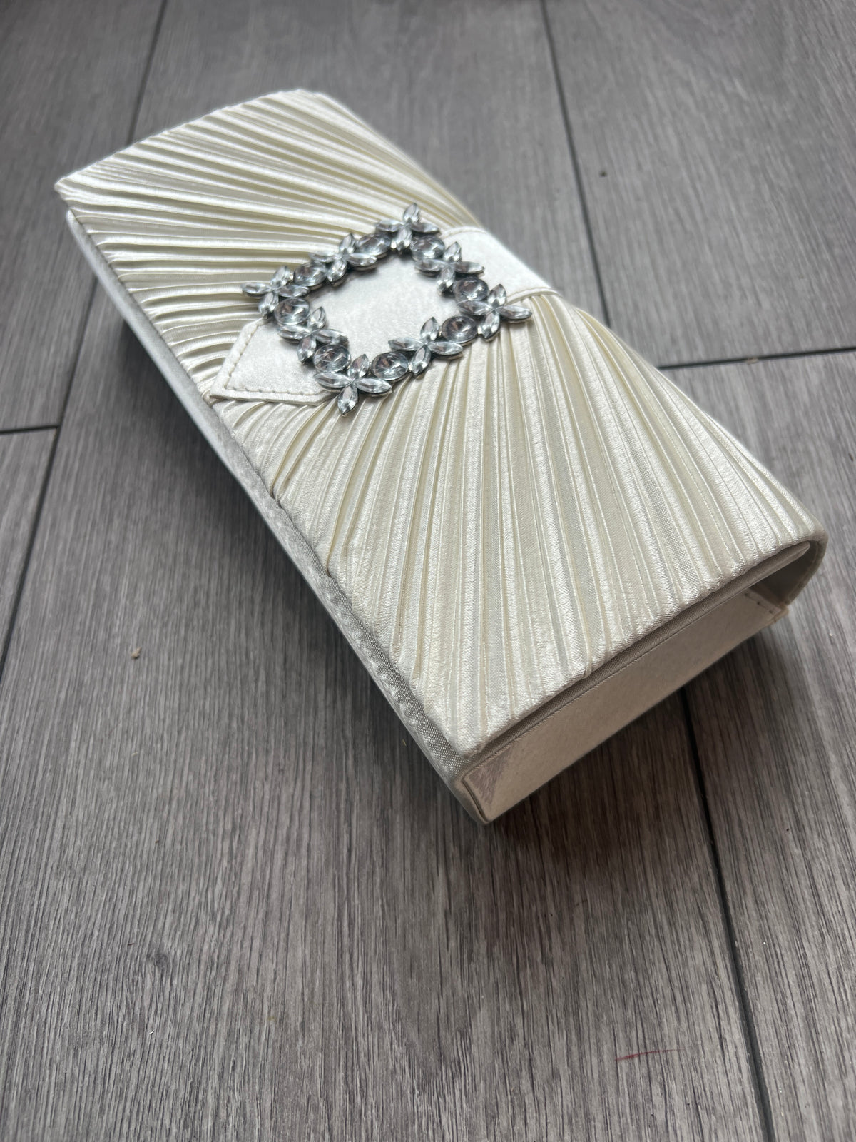 Ivory Satin Pleated Clutch Bag With Jewel Embellishment-Fascinators Direct