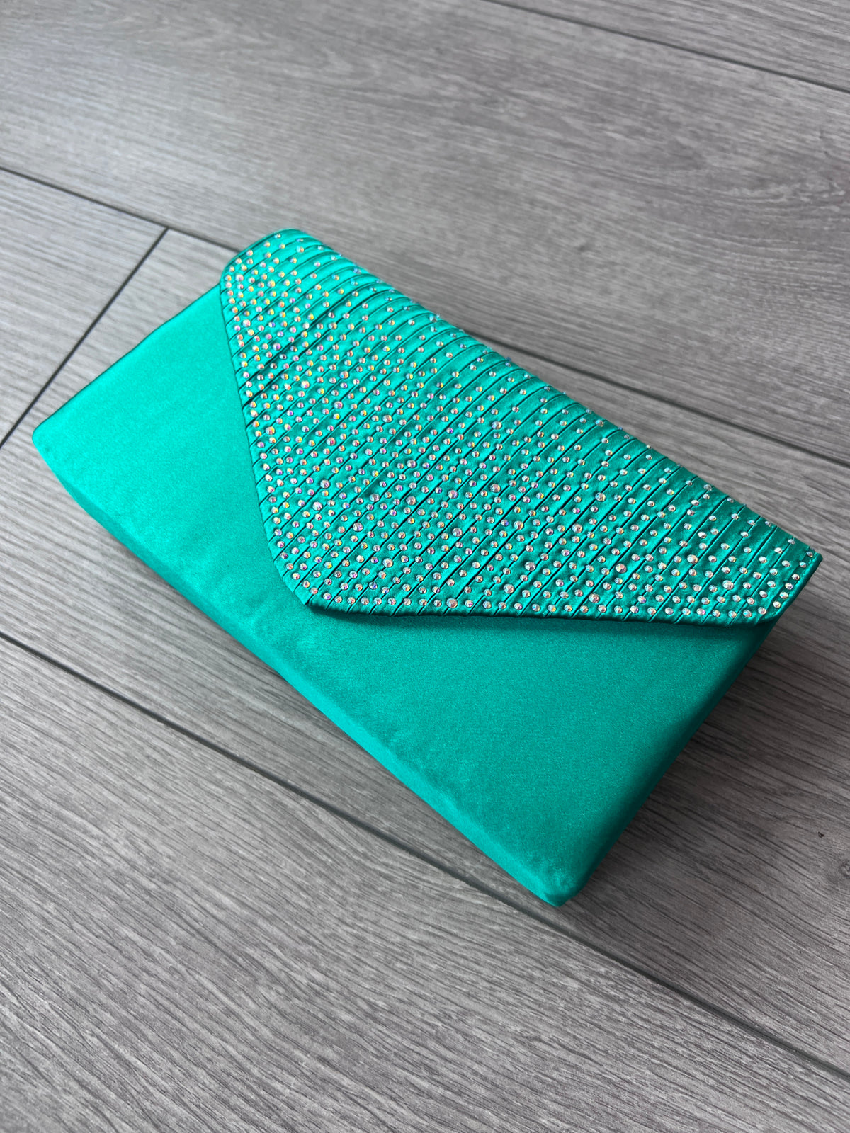 Jade Green Envelope Clutch Bag With Rhinestones-Fascinators Direct