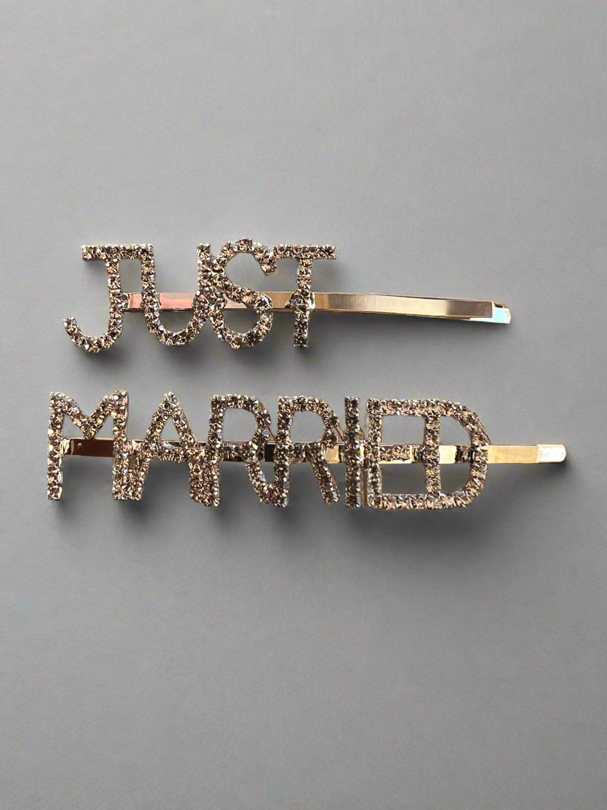 Just Married Silver Diamante Hair Slides-Fascinators Direct