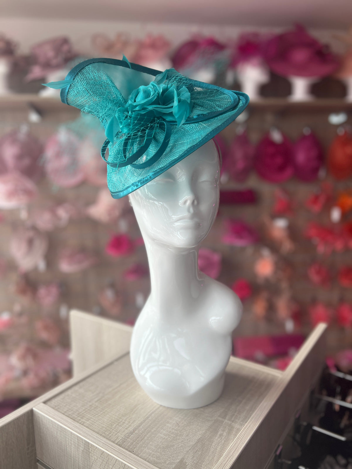 Lagoon Blue Disc Fascinator with Fabric Rose &amp; Netting-Fascinators Direct