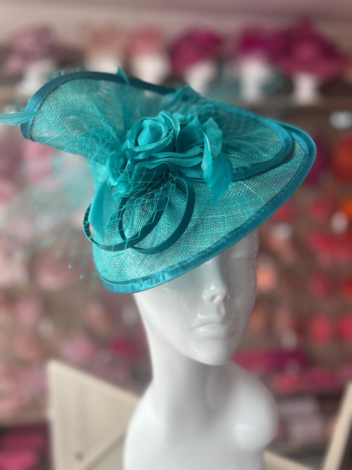 Lagoon Blue Disc Fascinator with Fabric Rose &amp; Netting-Fascinators Direct