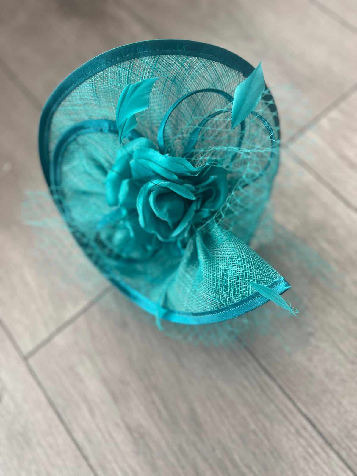 Lagoon Blue Disc Fascinator with Fabric Rose &amp; Netting-Fascinators Direct