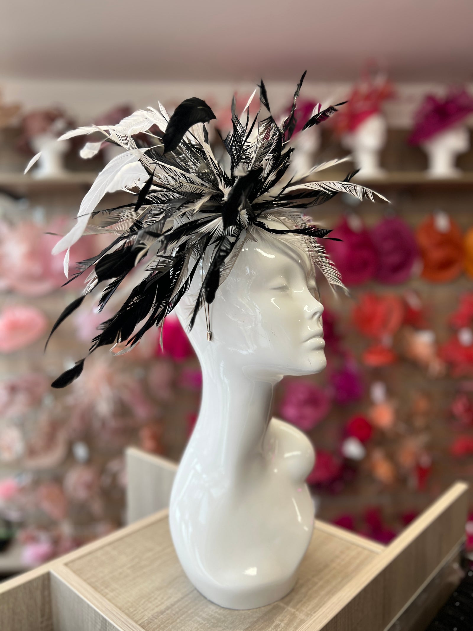 Large All Feather Fascinator - Black/White Mix-Fascinators Direct