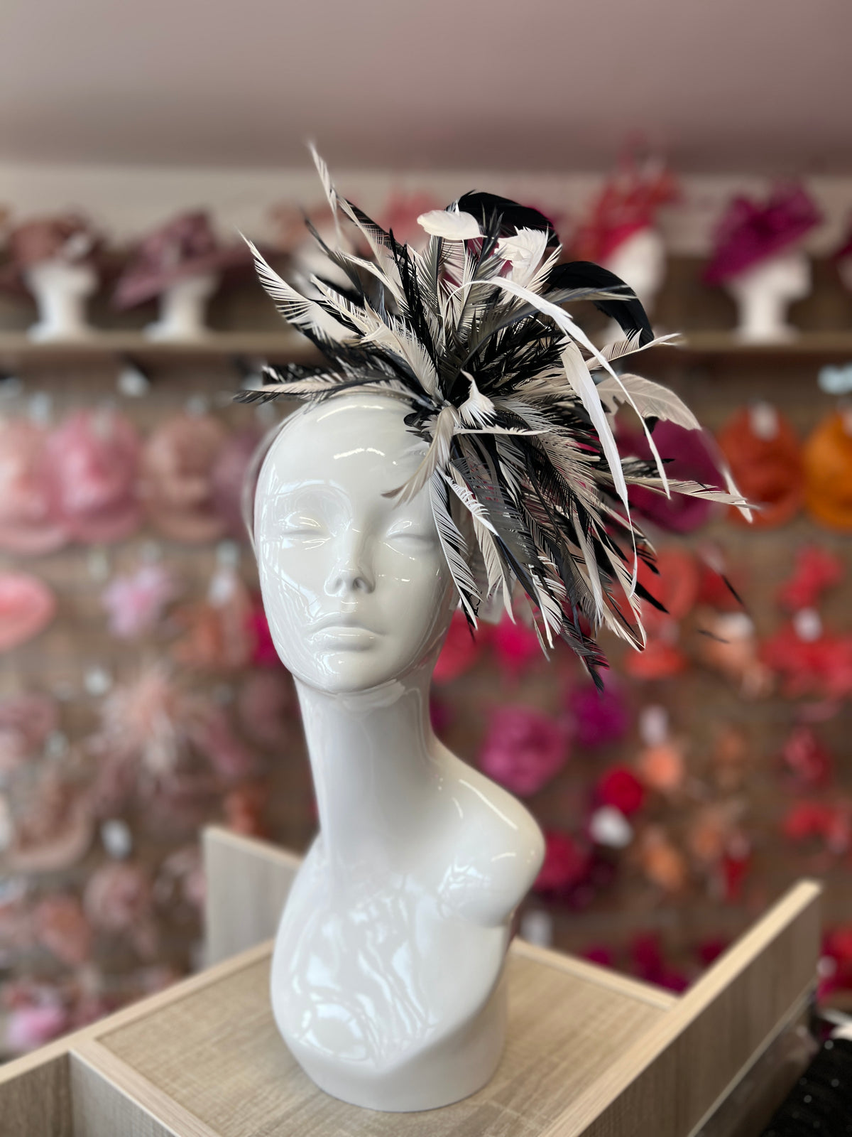Large All Feather Fascinator - Black/White Mix-Fascinators Direct