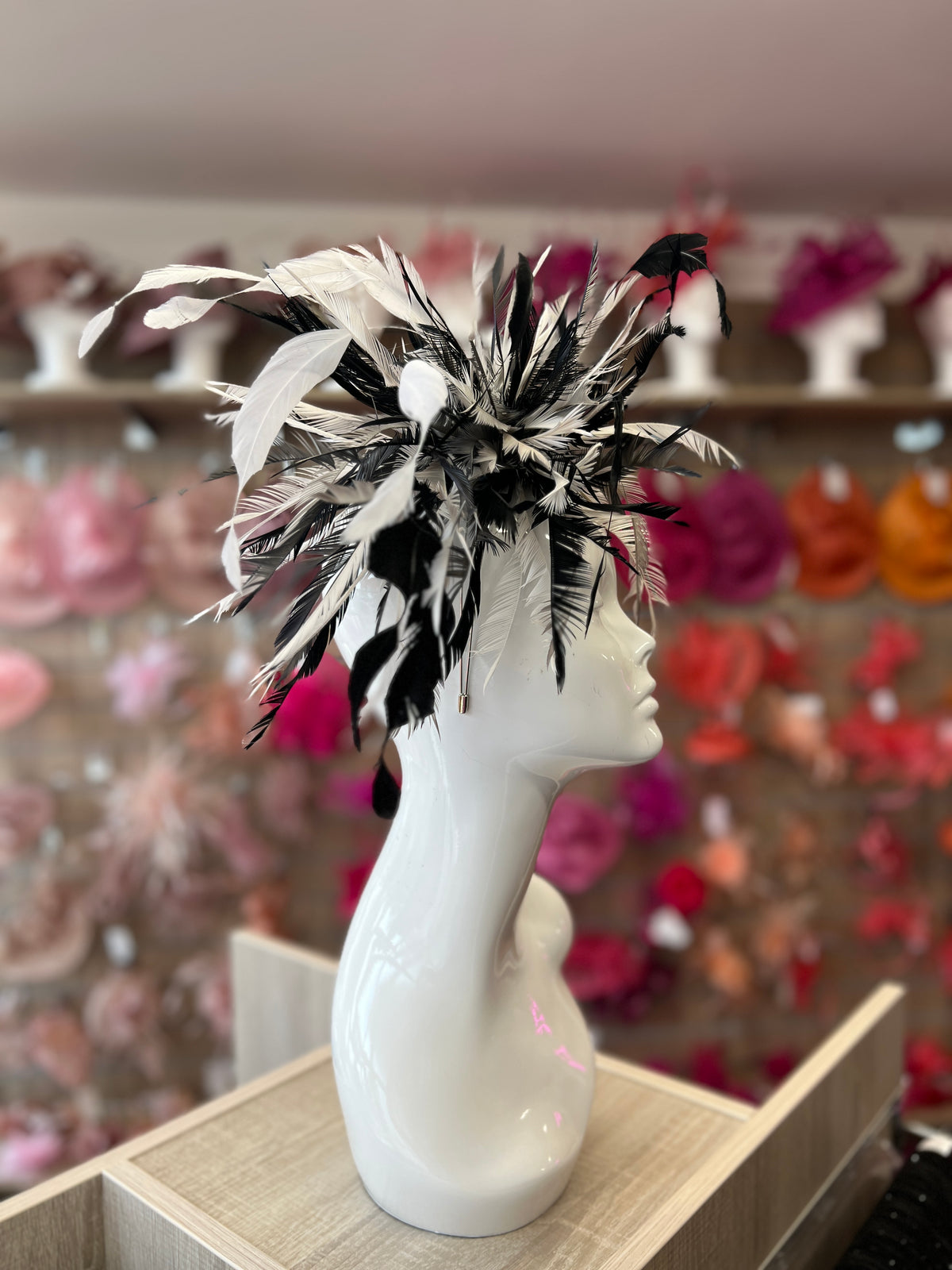 Large All Feather Fascinator - Black/White Mix-Fascinators Direct