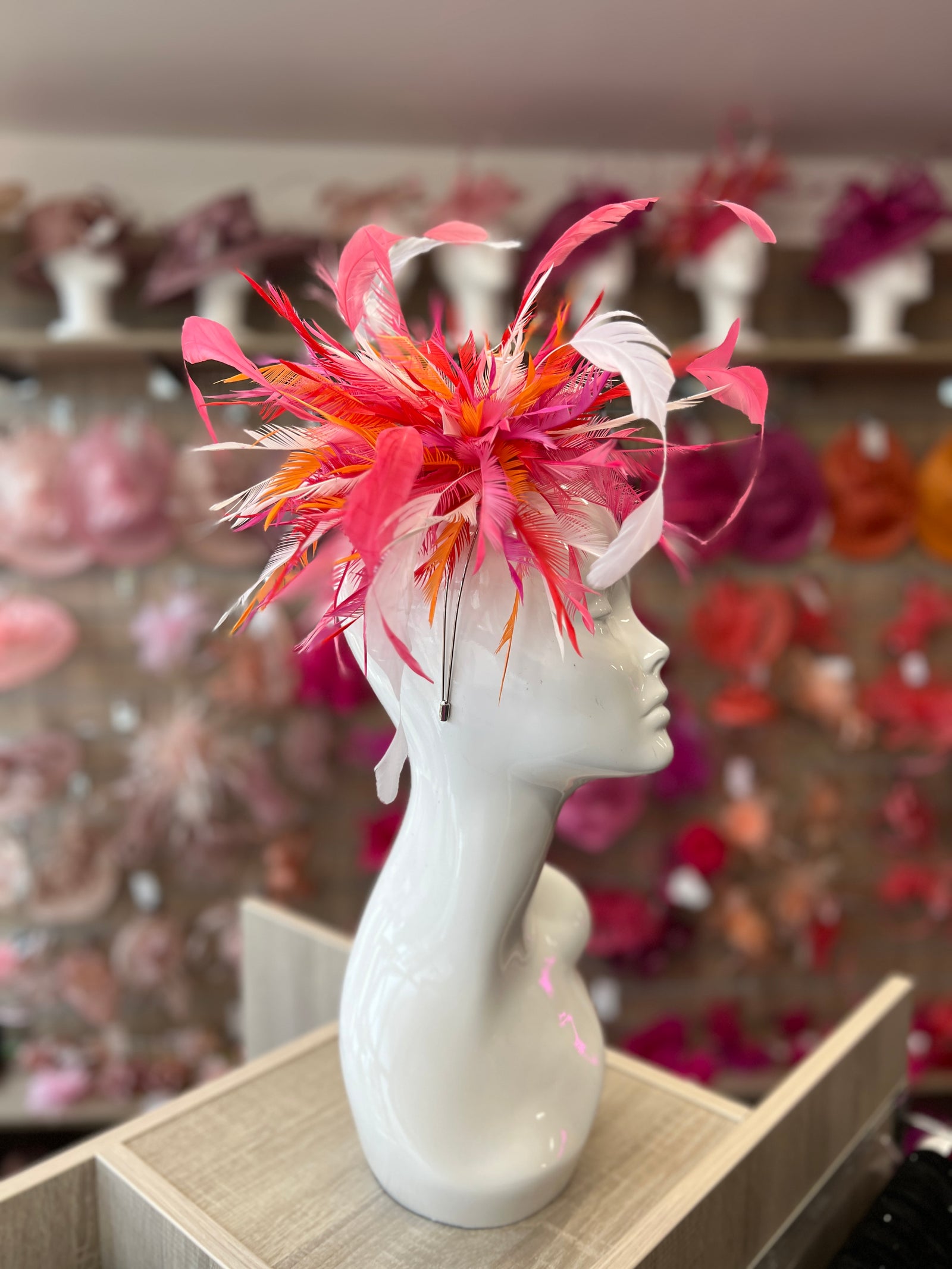 Large All Feather Fascinator - Cerise/White/Mix-Fascinators Direct
