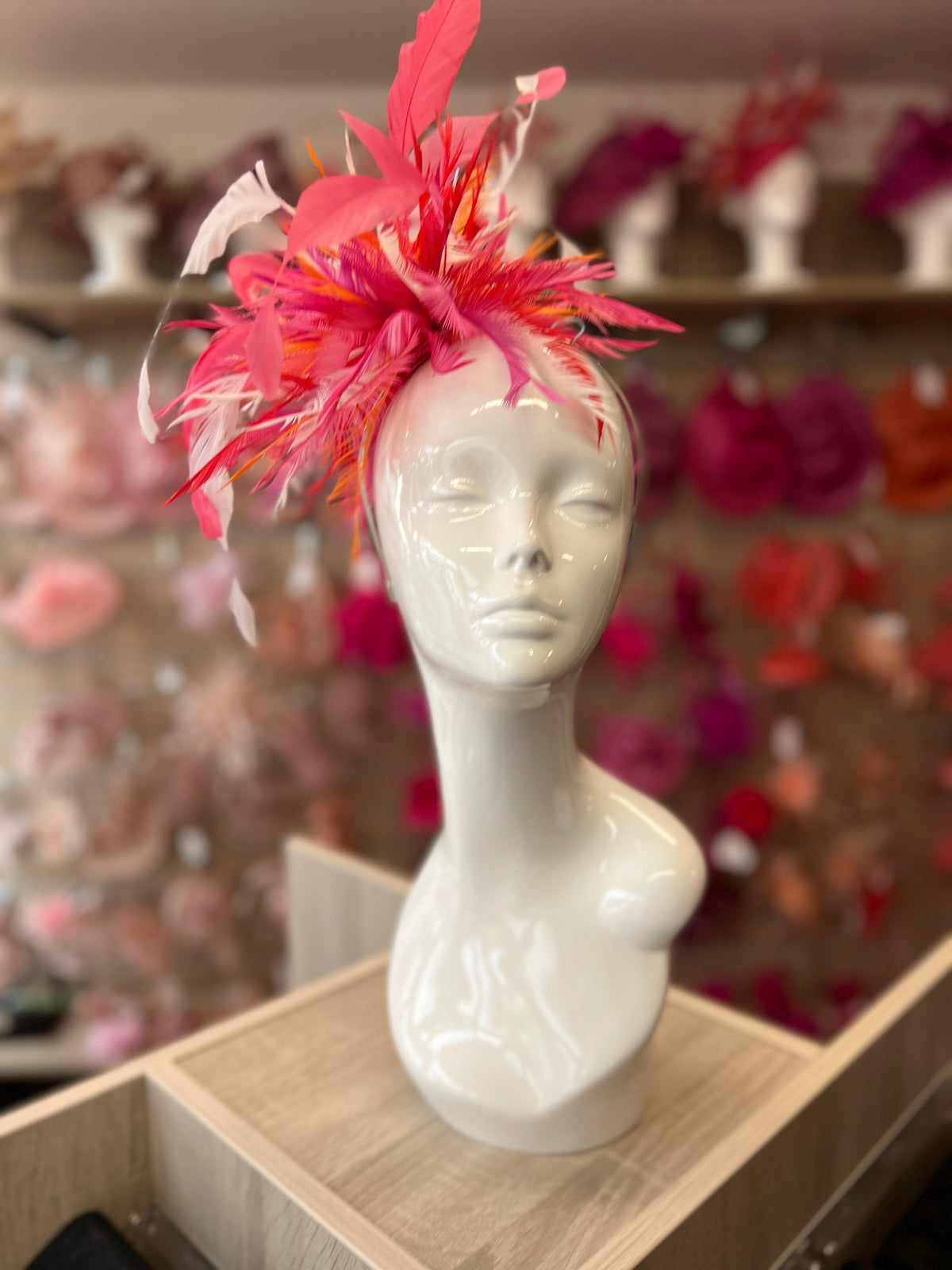 Large All Feather Fascinator - Cerise/White/Mix-Fascinators Direct