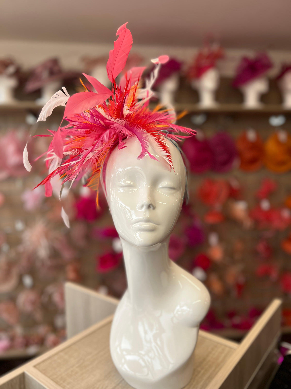 Large All Feather Fascinator - Cerise/White/Mix-Fascinators Direct
