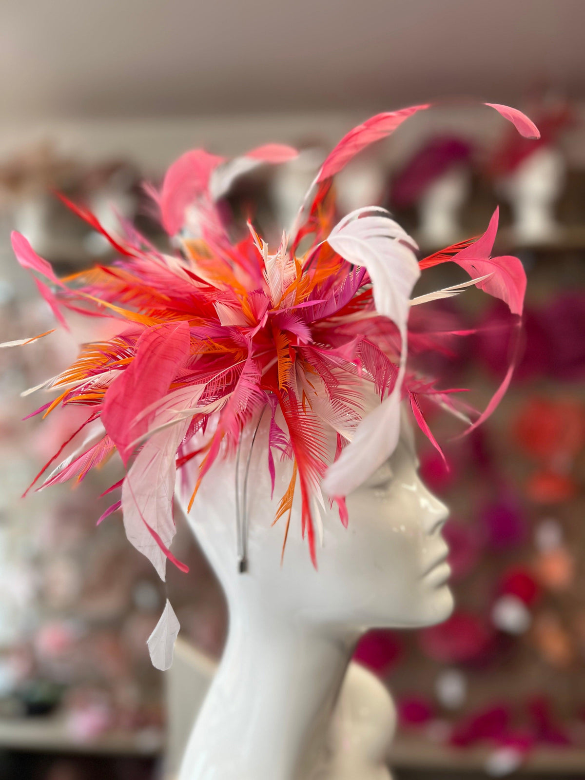 Large All Feather Fascinator - Cerise/White/Mix-Fascinators Direct