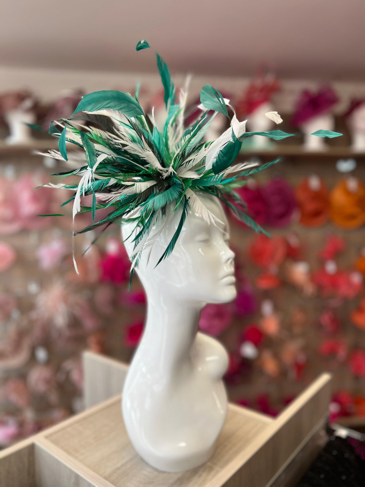 Large All Feather Fascinator - Emerald/White/Mix-Fascinators Direct