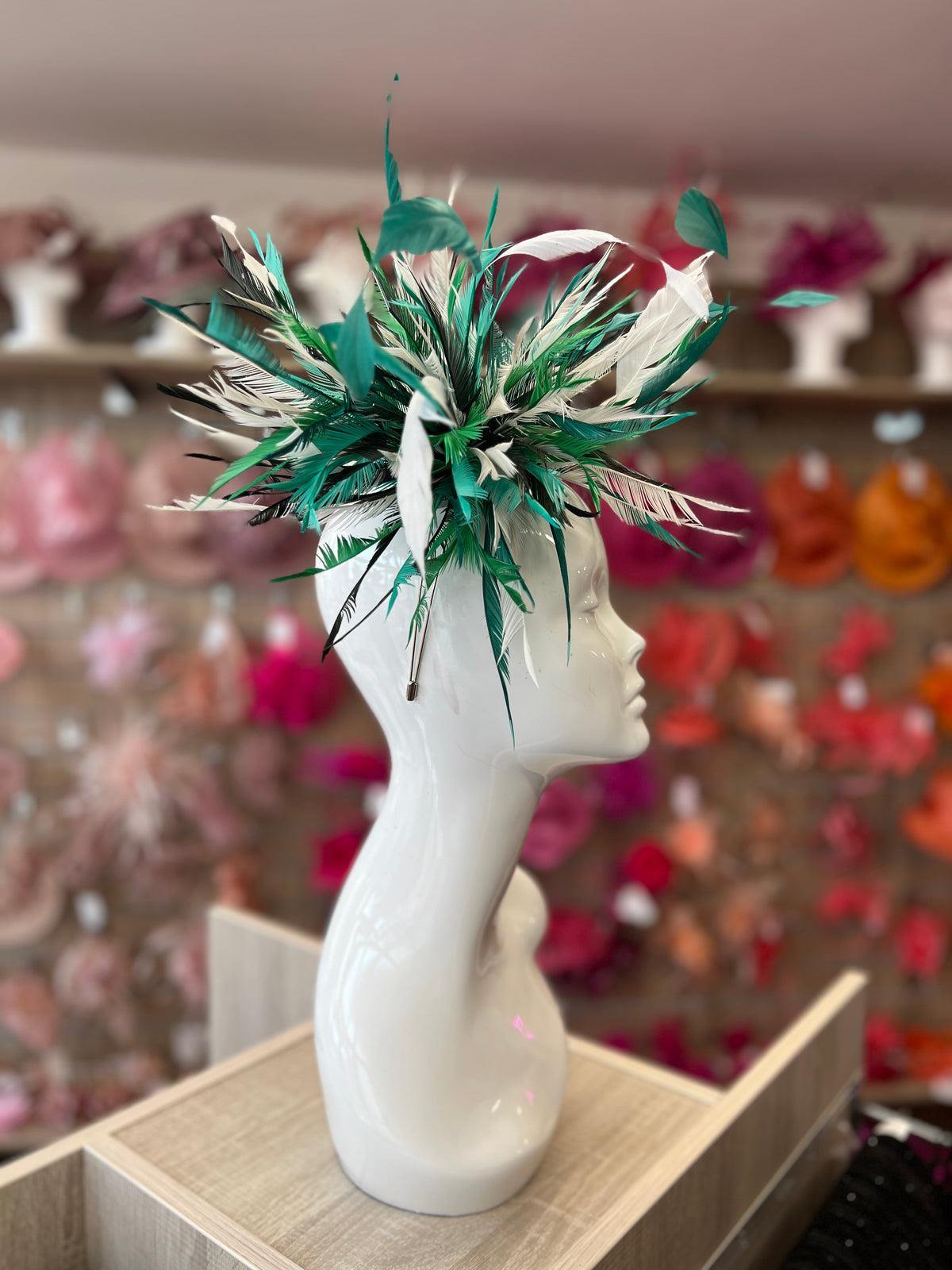Large All Feather Fascinator - Emerald/White/Mix-Fascinators Direct