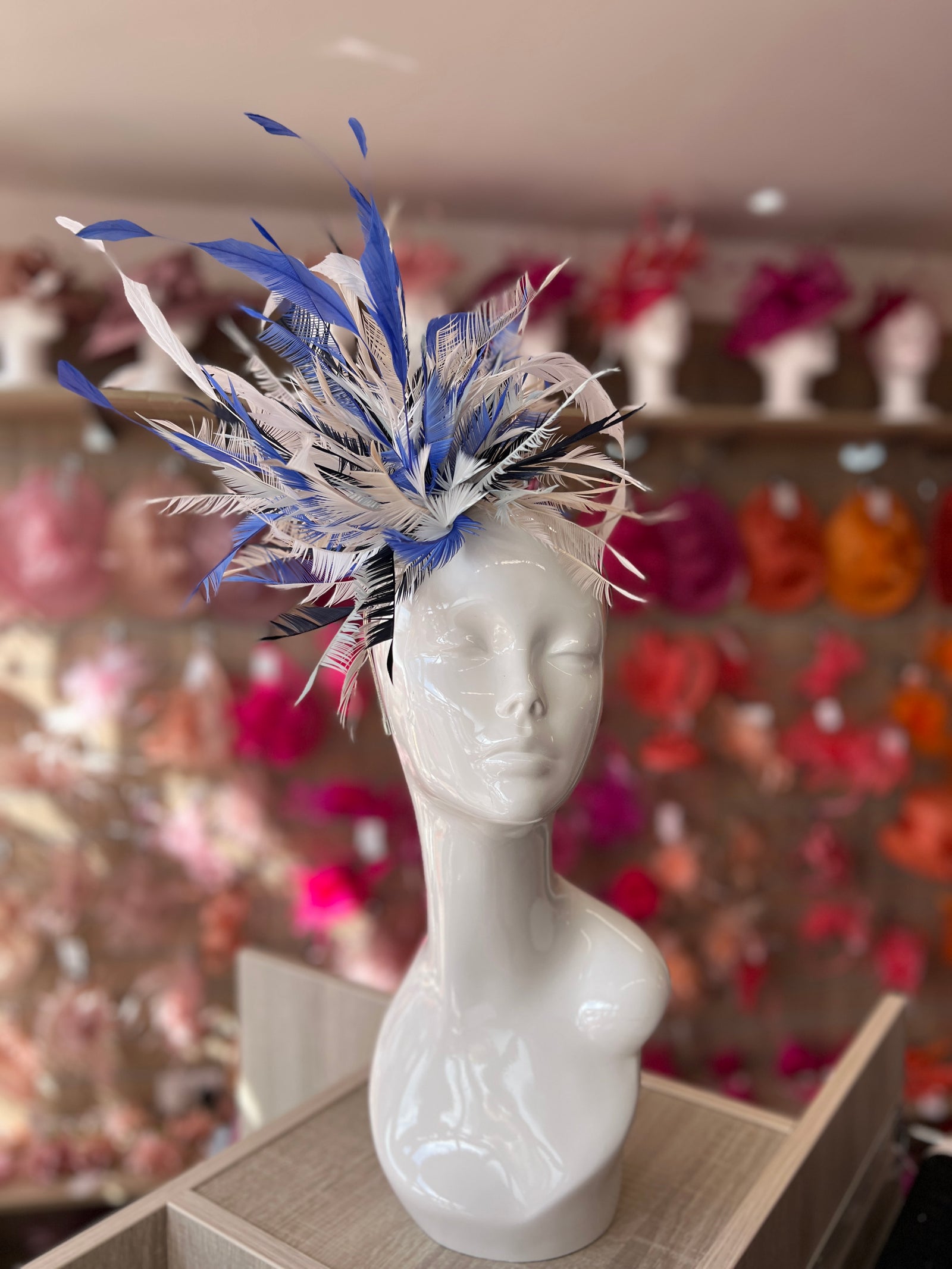 Large All Feather Fascinator - Sapphire/White/Mix-Fascinators Direct