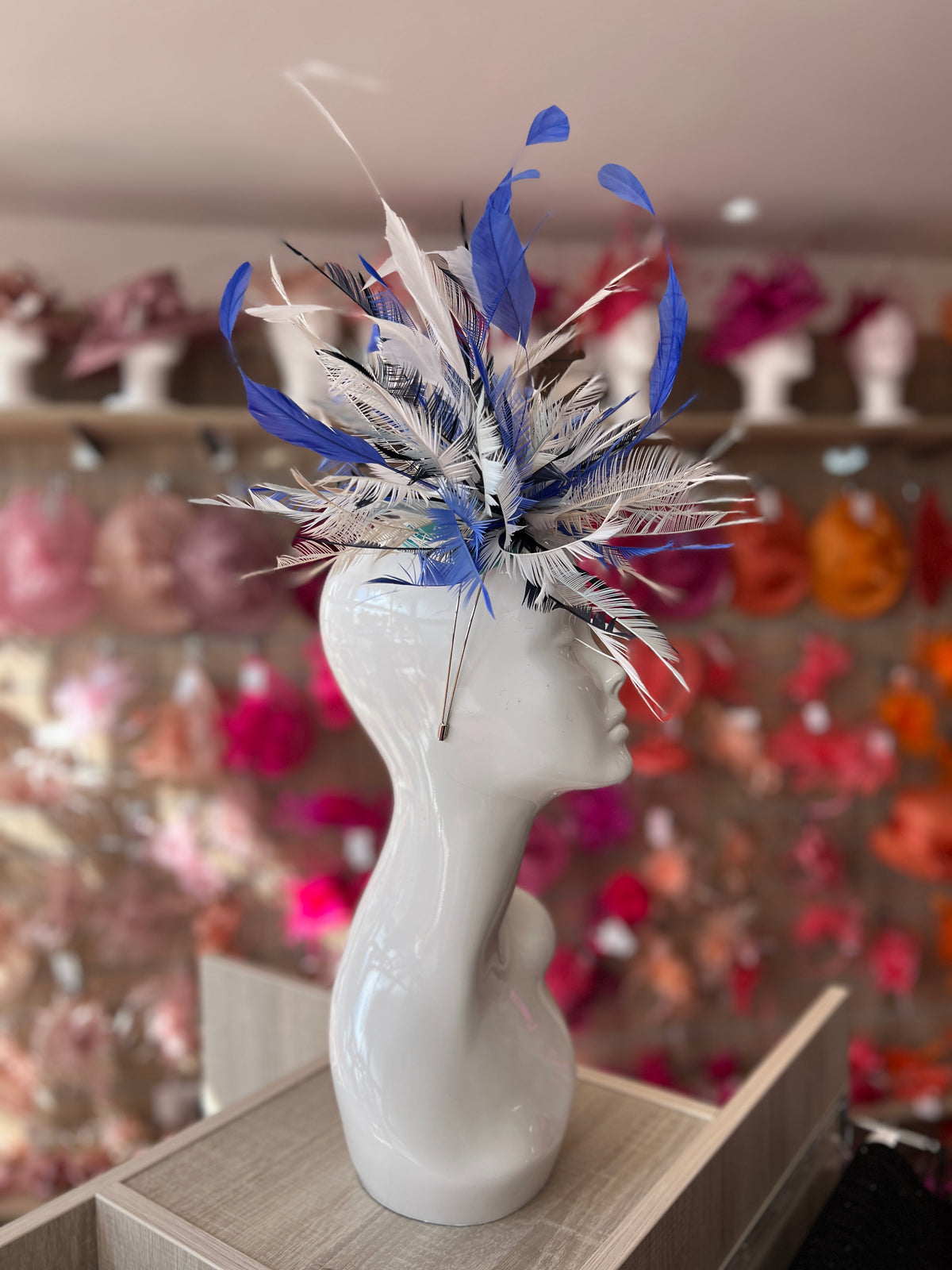 Large All Feather Fascinator - Sapphire/White/Mix-Fascinators Direct