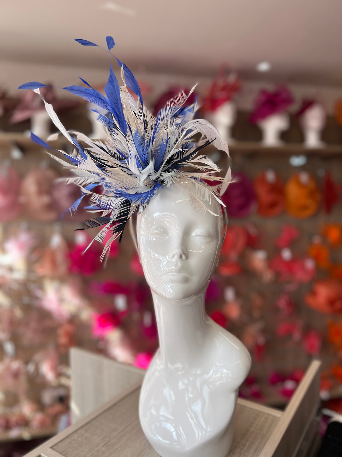 Large All Feather Fascinator - Sapphire/White/Mix-Fascinators Direct