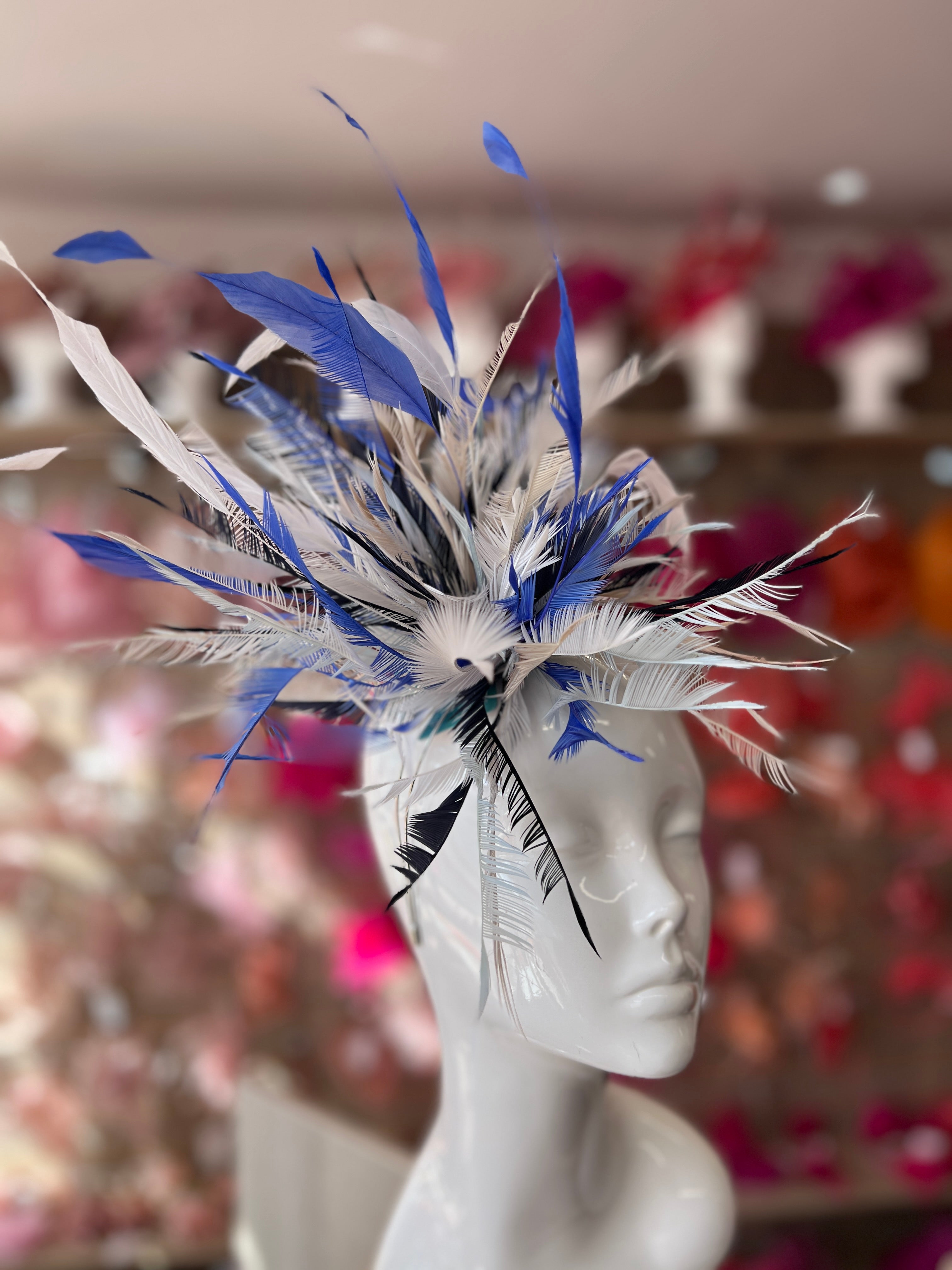 Large All Feather Fascinator Sapphire/White/Mix