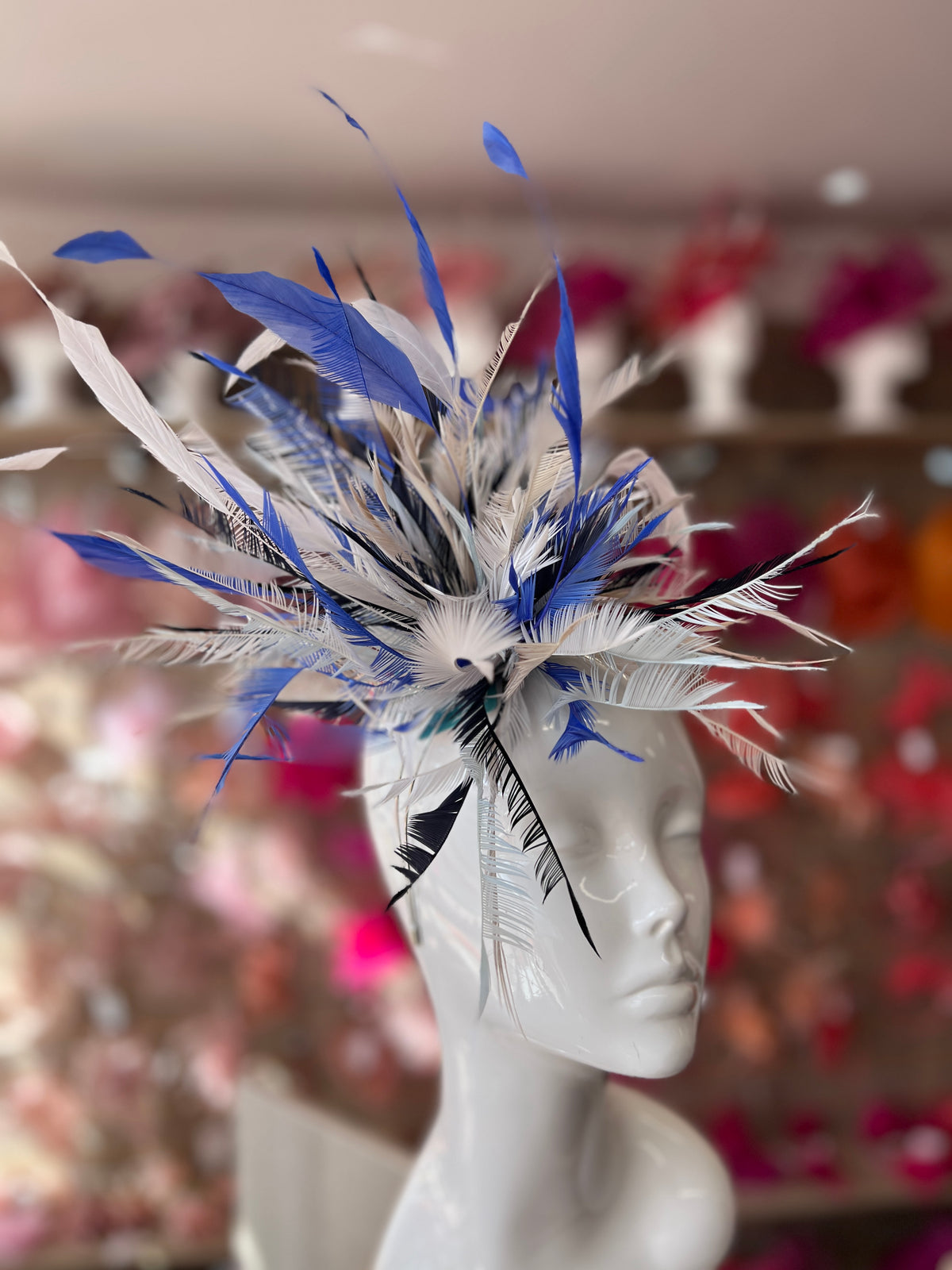Large All Feather Fascinator - Sapphire/White/Mix-Fascinators Direct