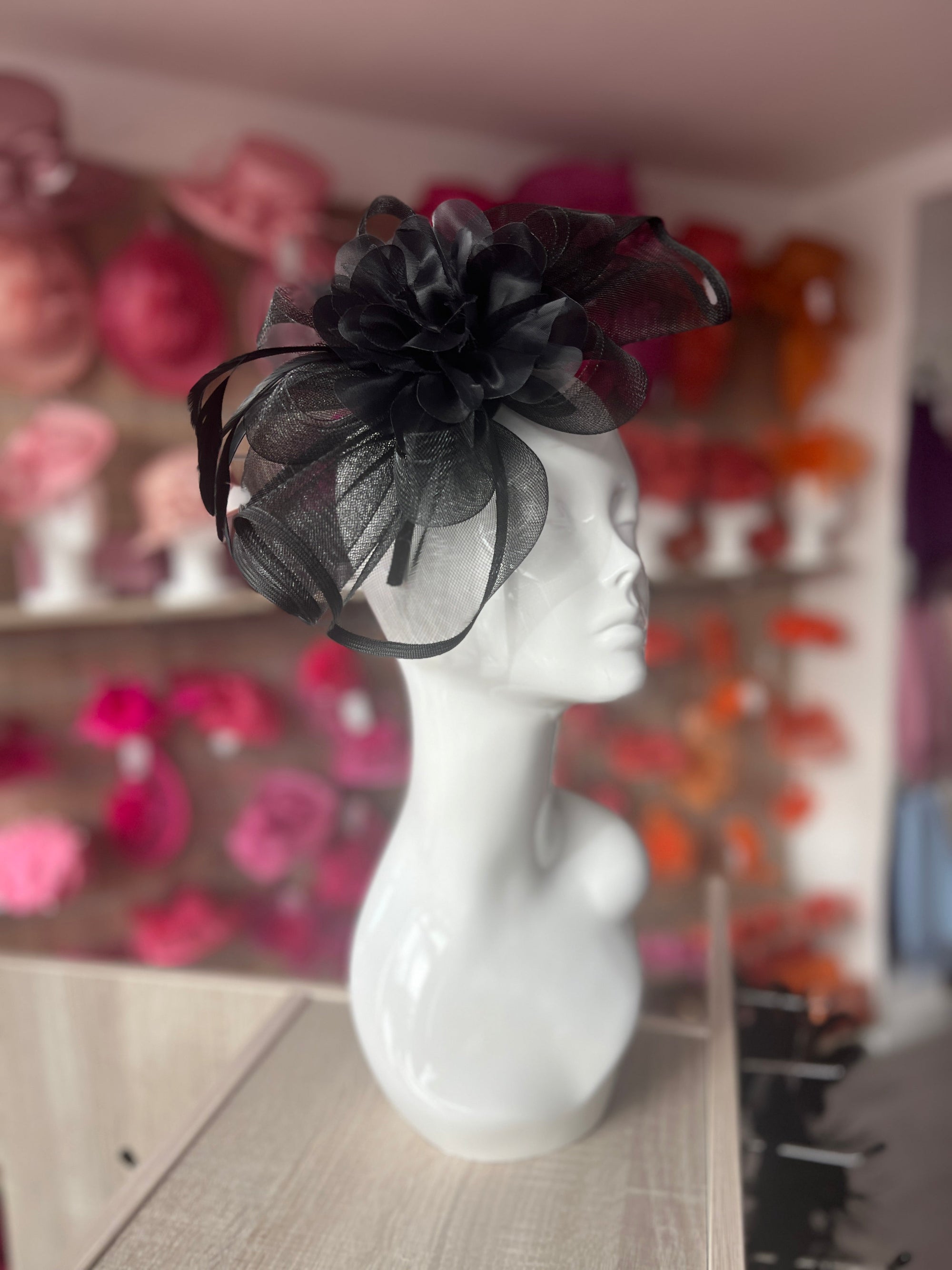 Large Black Fascinator Fluted Crinoline & Flower-Fascinators Direct