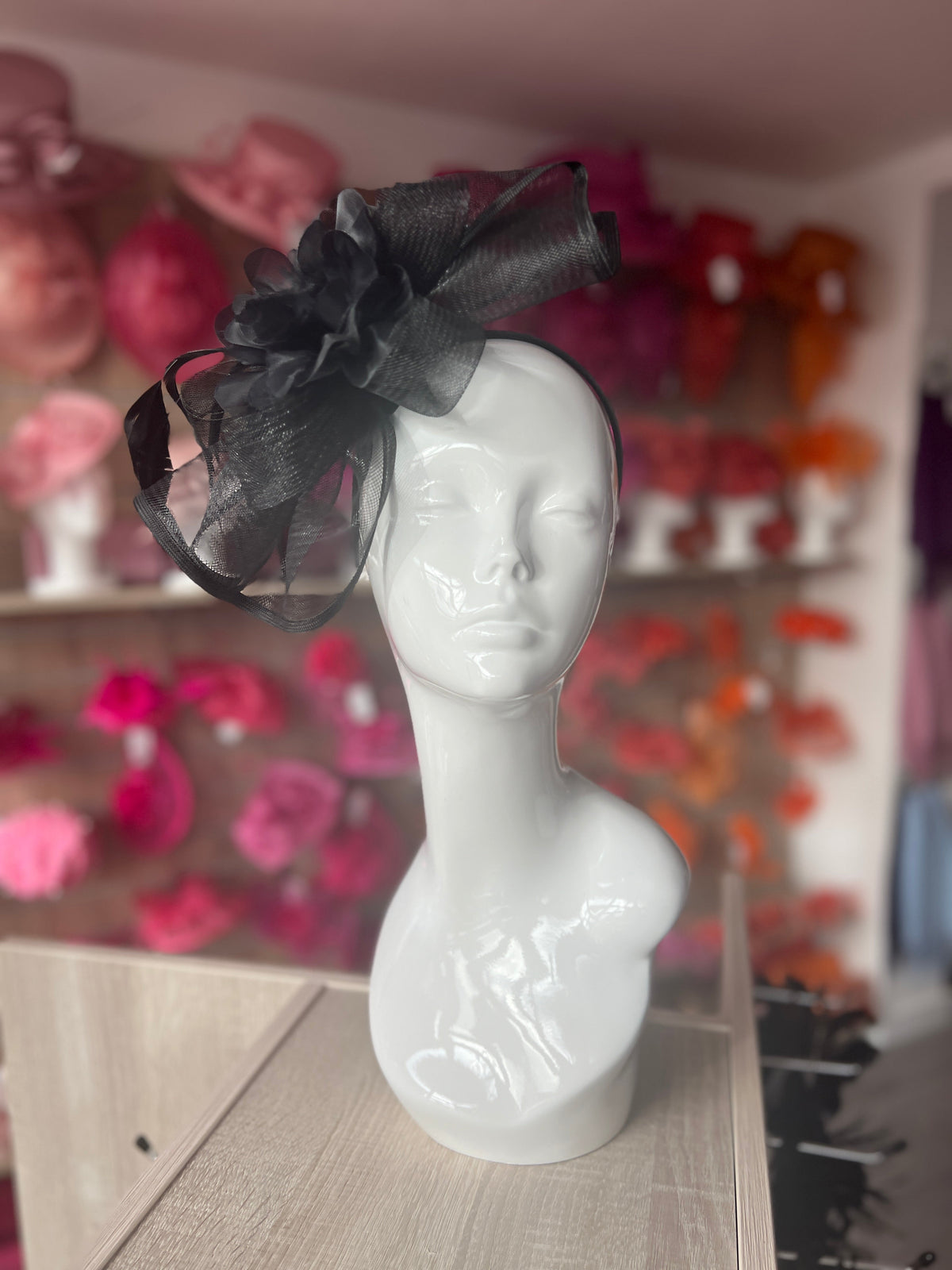 Large Black Fascinator Fluted Crinoline &amp; Flower-Fascinators Direct