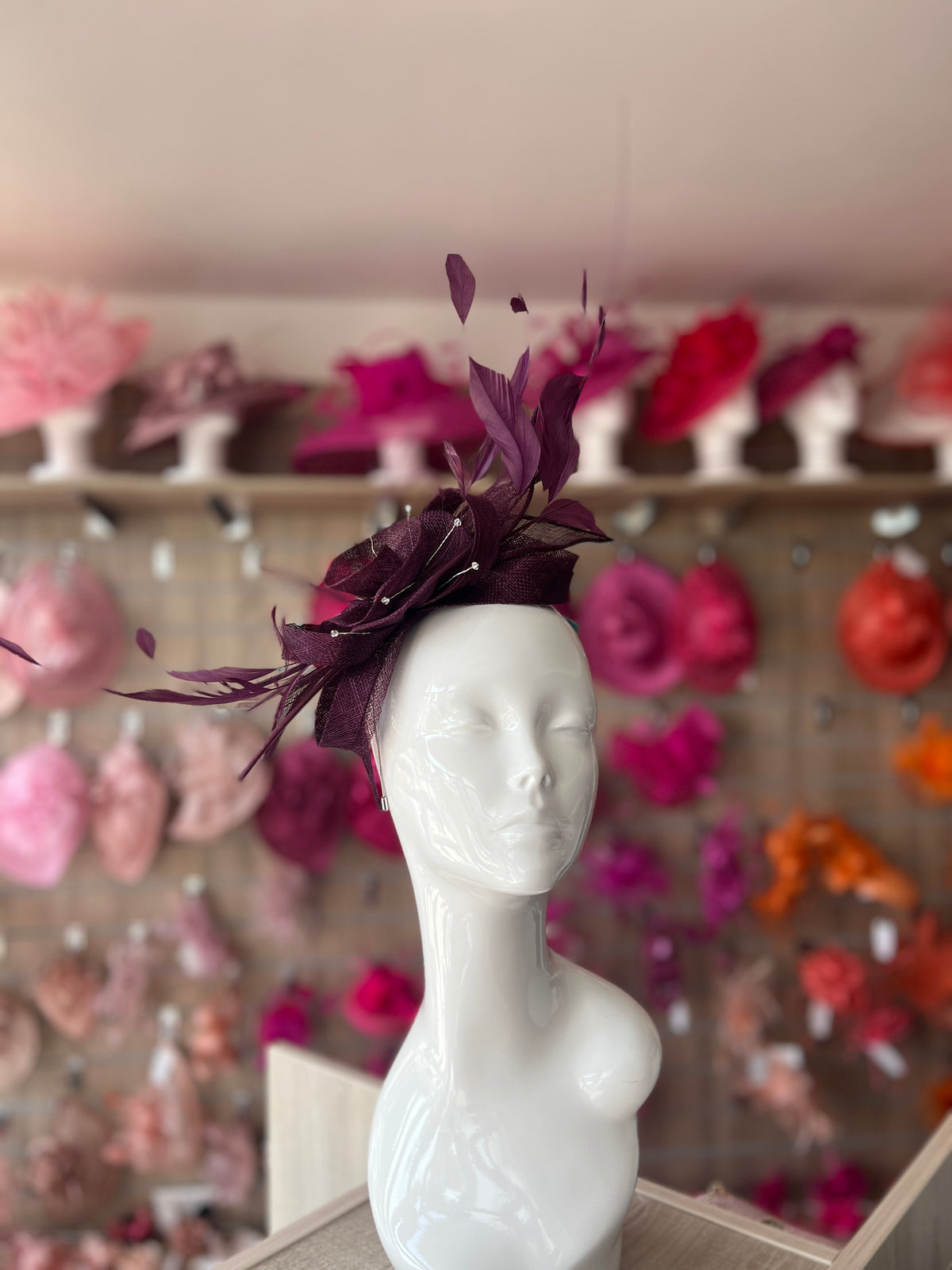 Large Blackcurrant Fascinator with Quills &amp; Crystal Stamens-Fascinators Direct