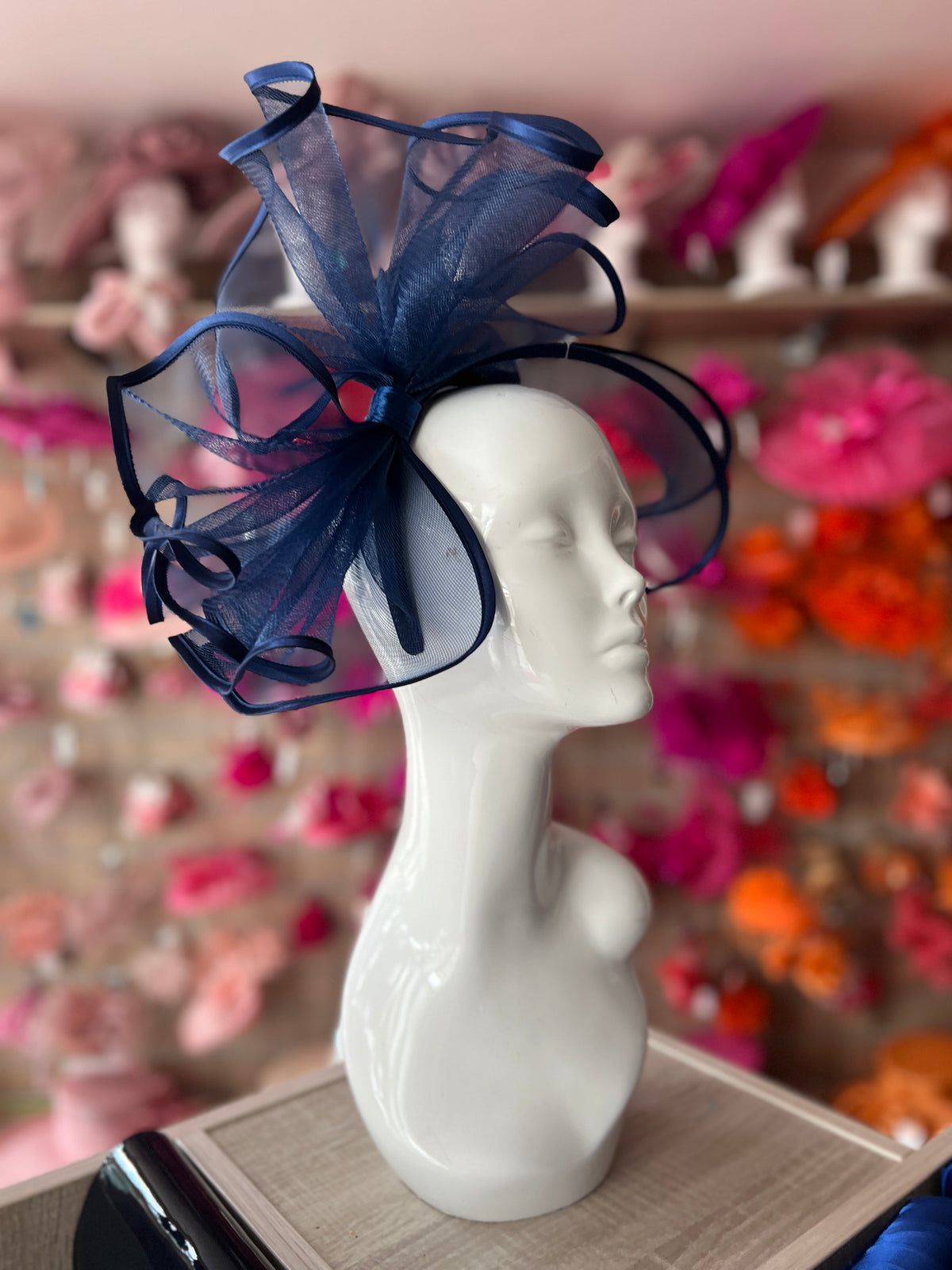 Large Crinoline Navy Blue Bow Fascinator-Fascinators Direct