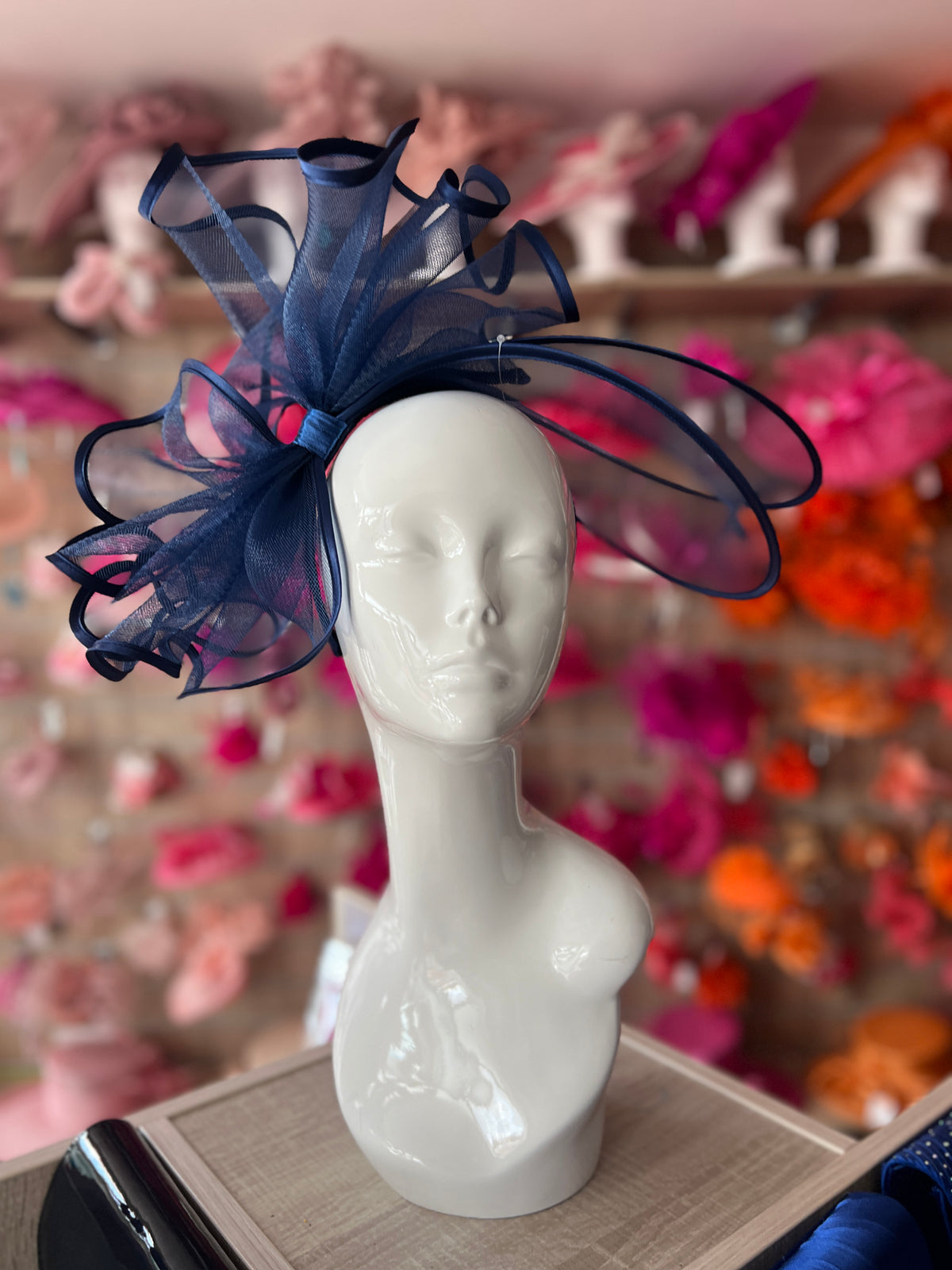 Large Crinoline Navy Blue Bow Fascinator-Fascinators Direct