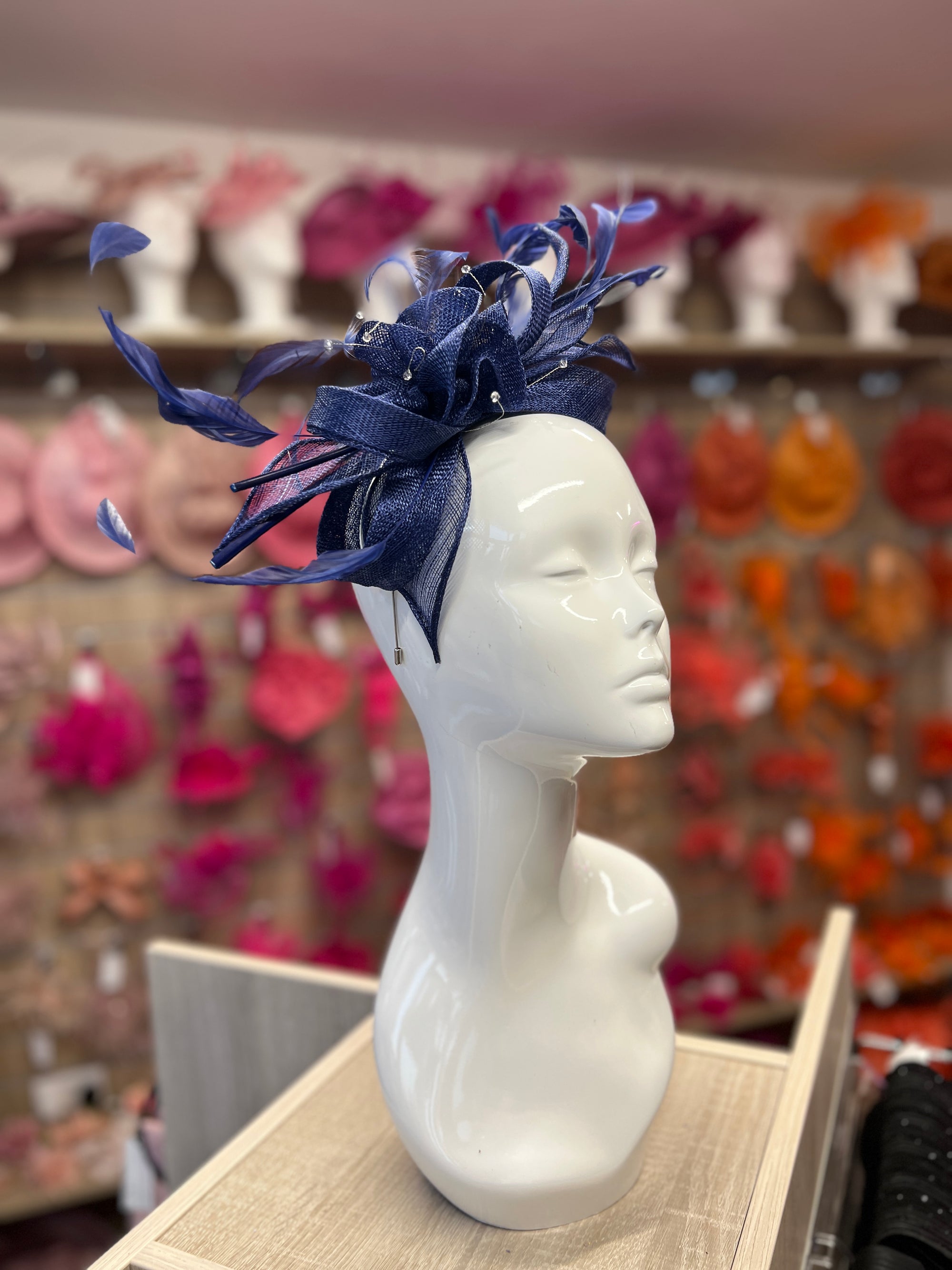 Large Indigo Fascinator with Quills & Crystal Stamens-Fascinators Direct