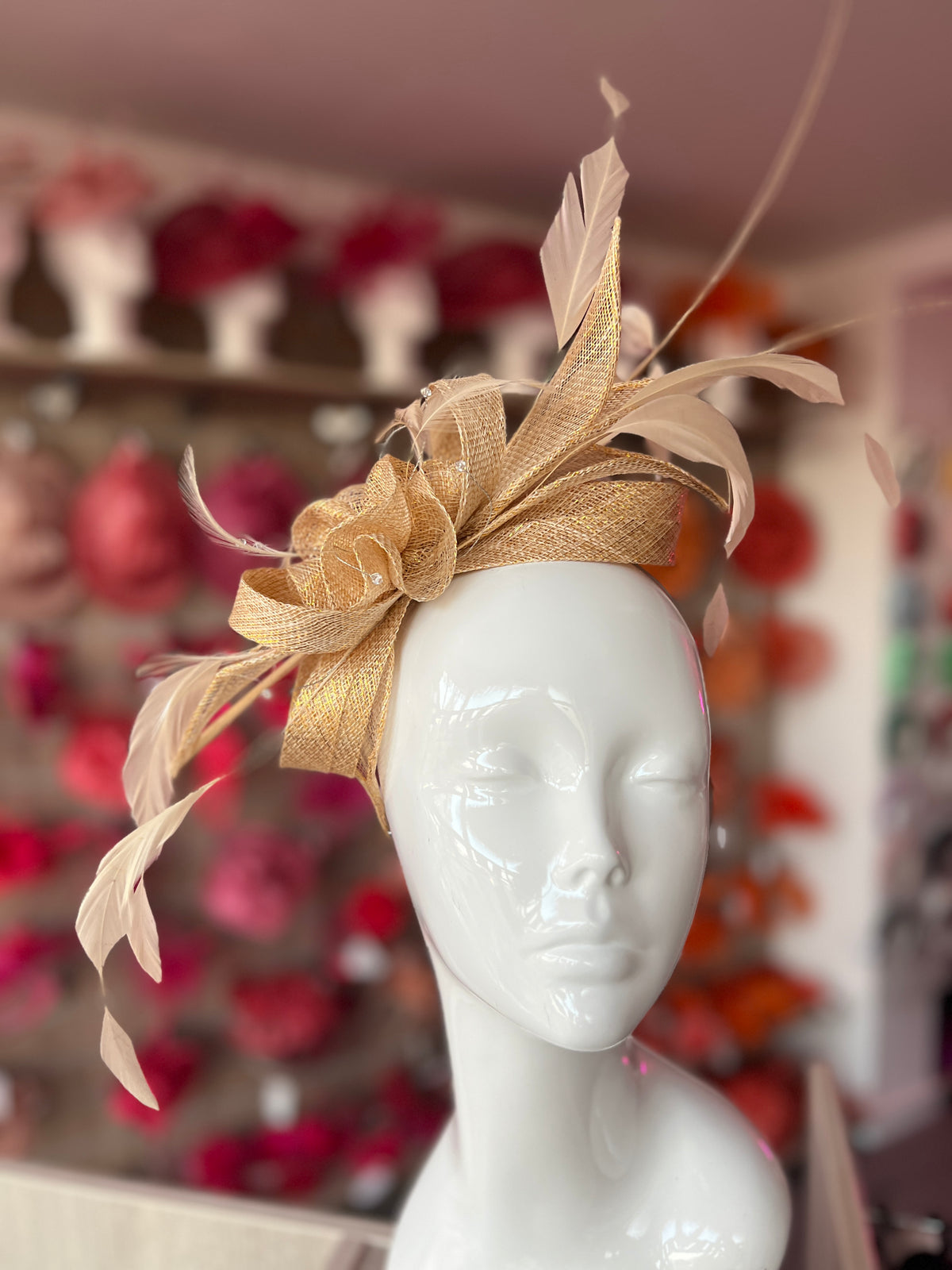 Large Metallic Gold Fascinator with Quills &amp; Crystal Stamens-Fascinators Direct