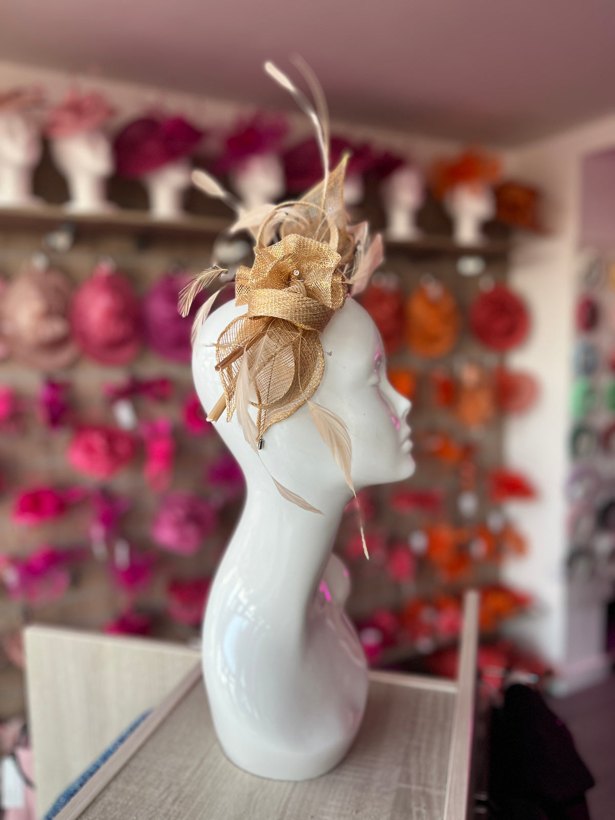 Large Metallic Gold Fascinator with Quills &amp; Crystal Stamens-Fascinators Direct