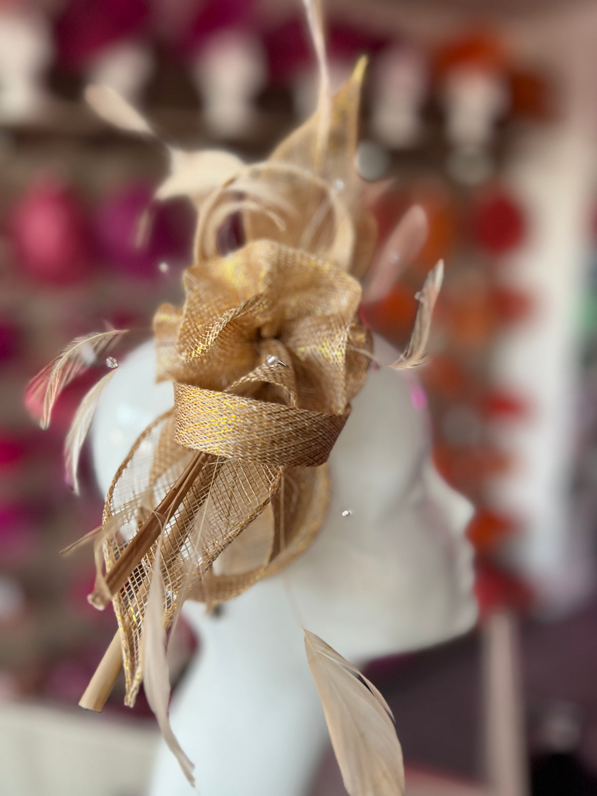 Large Metallic Gold Fascinator with Quills &amp; Crystal Stamens-Fascinators Direct