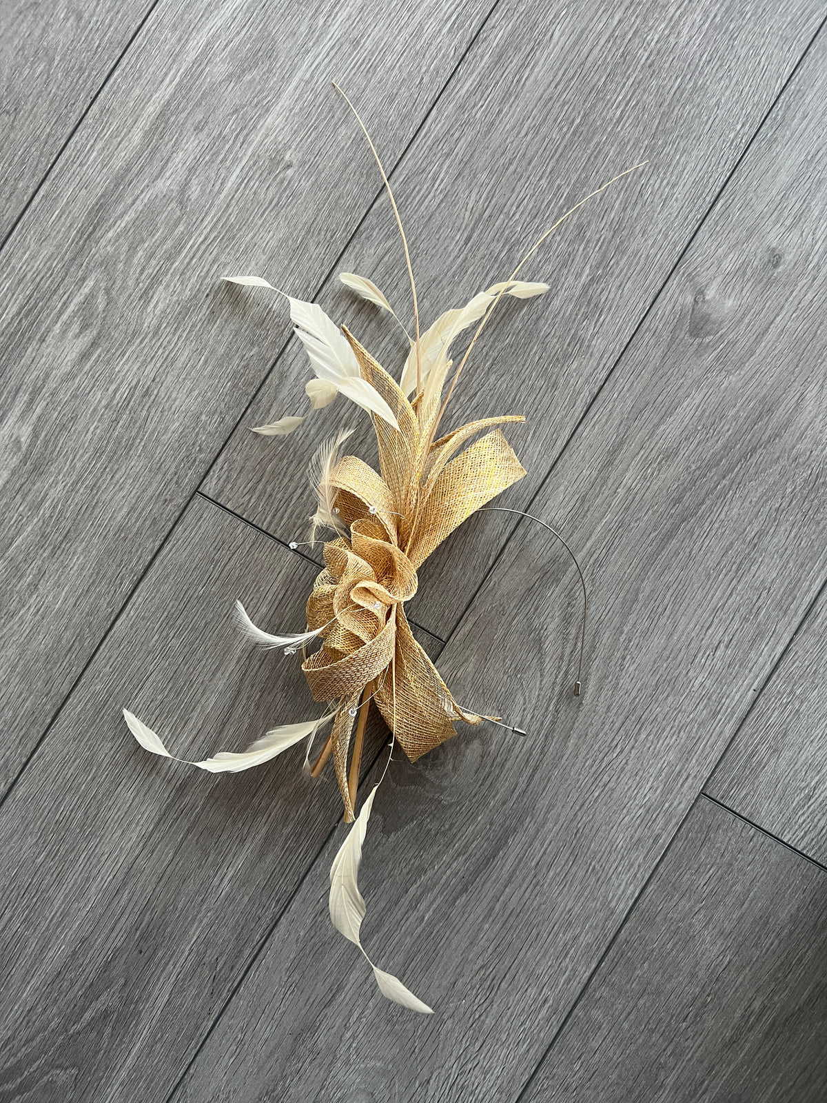 Large Metallic Gold Fascinator with Quills &amp; Crystal Stamens-Fascinators Direct