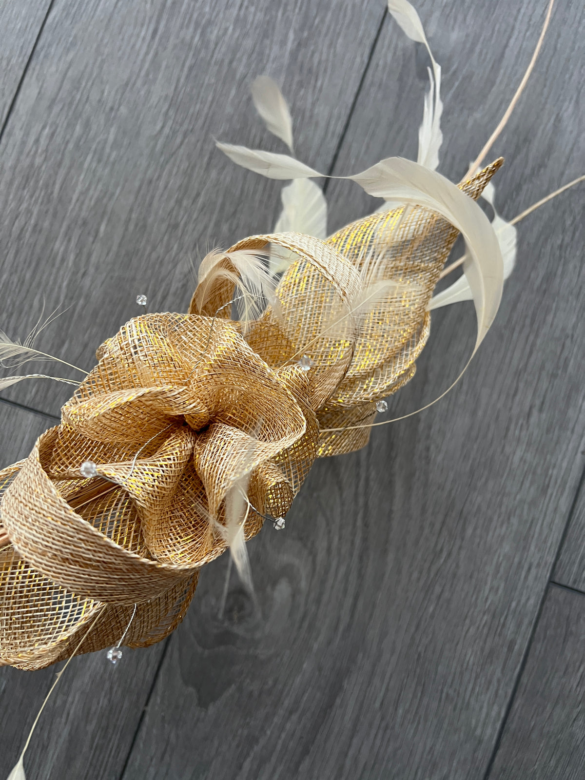 Large Metallic Gold Fascinator with Quills &amp; Crystal Stamens-Fascinators Direct