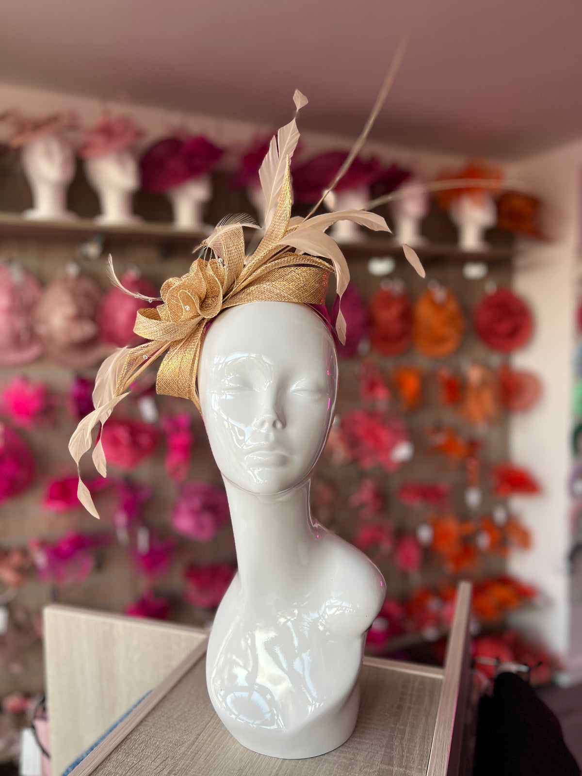 Large Metallic Gold Fascinator with Quills &amp; Crystal Stamens-Fascinators Direct