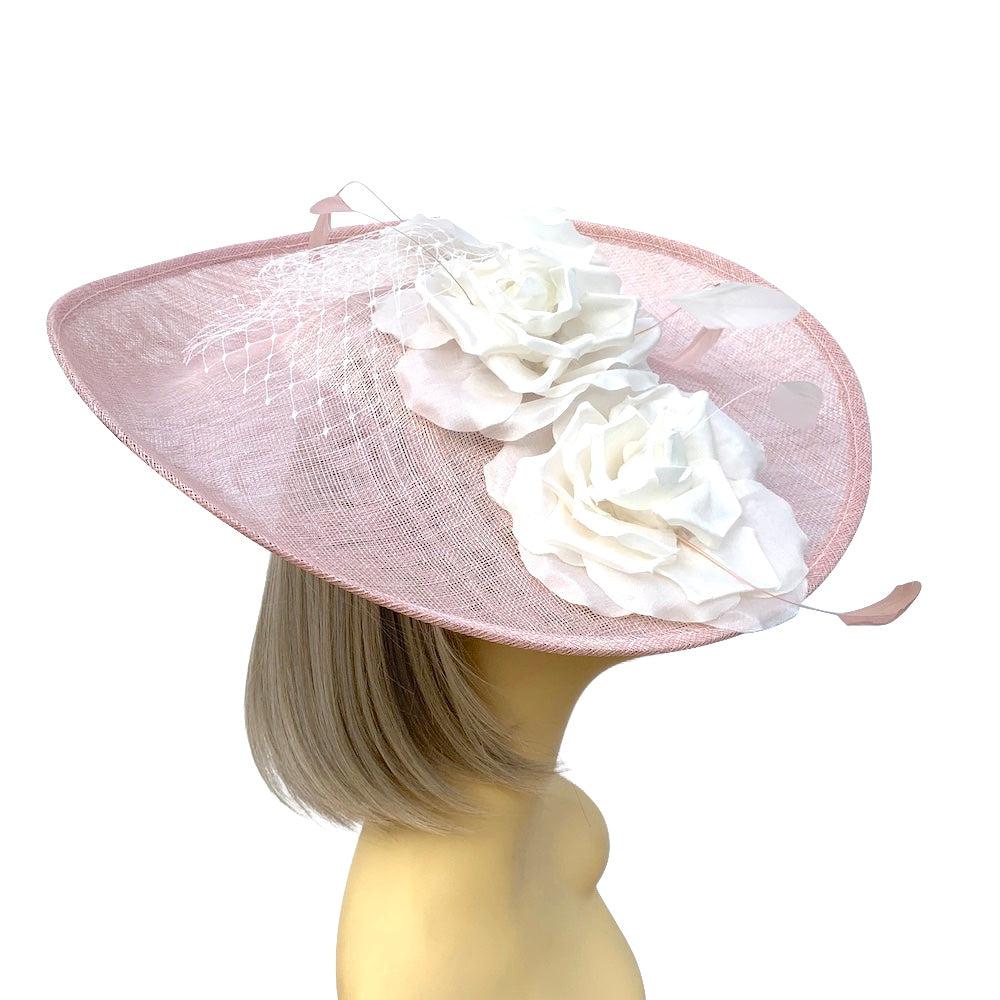 Large Pale Pink & White Hatinator with Flowers-Fascinators Direct