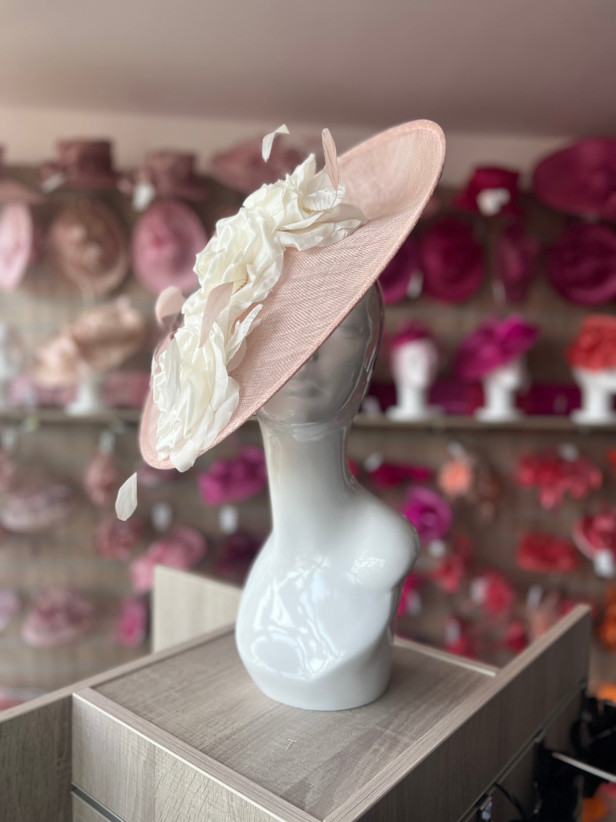 Large Pale Pink & White Hatinator with Flowers-Fascinators Direct