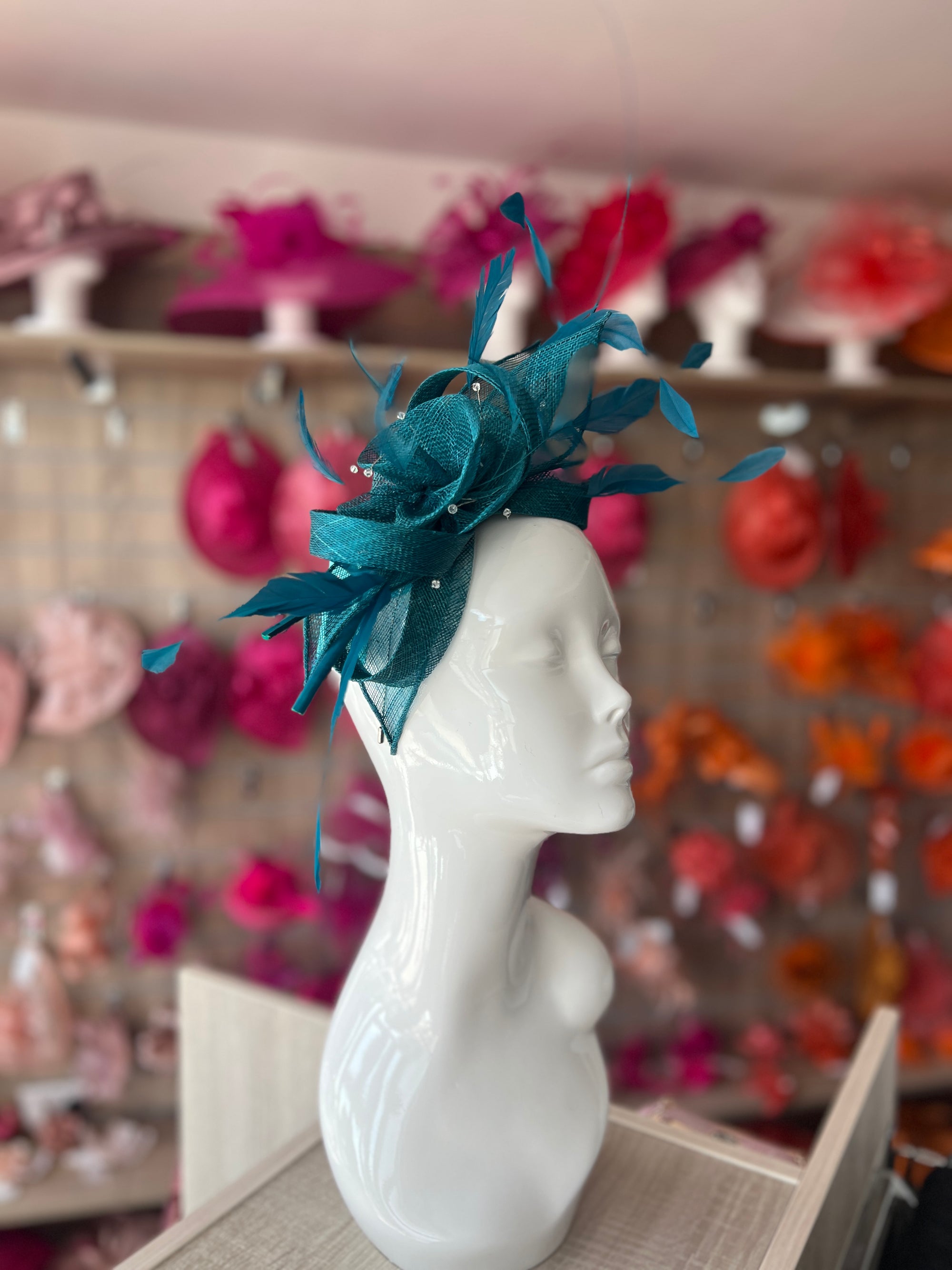 Large Winter Teal Fascinator with Quills & Crystal Stamens-Fascinators Direct