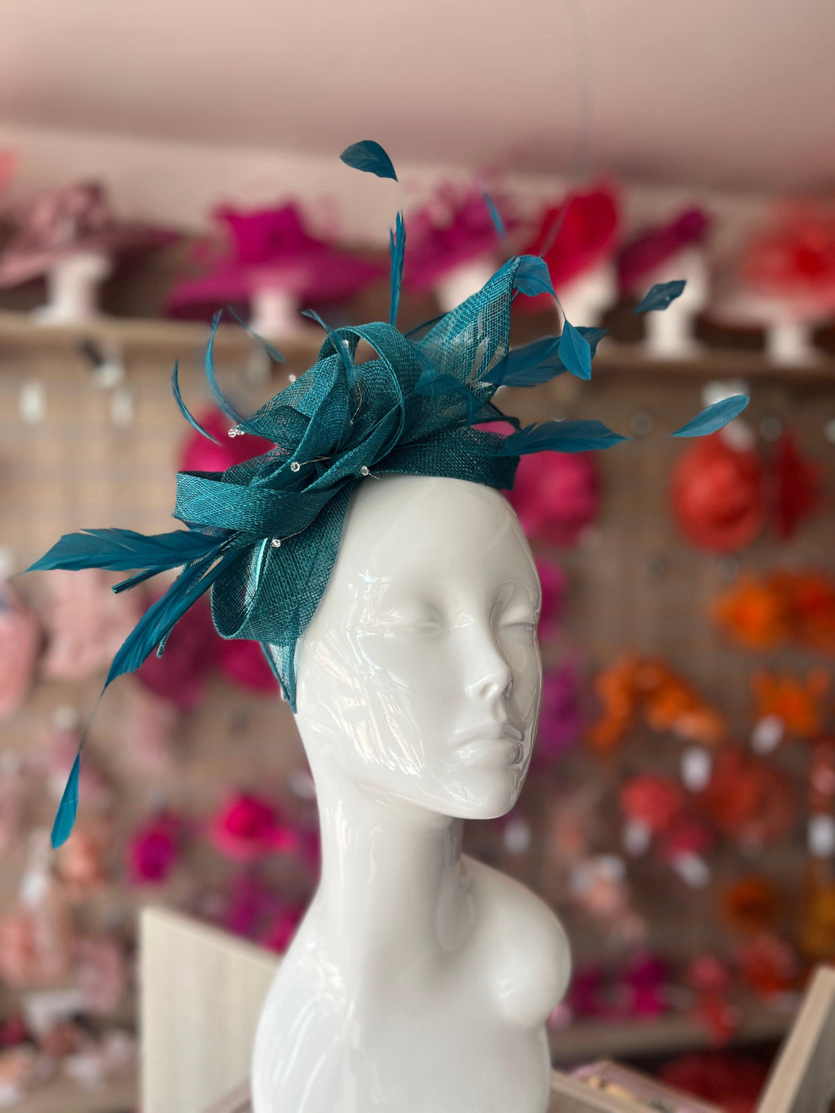 Large Winter Teal Fascinator with Quills &amp; Crystal Stamens-Fascinators Direct
