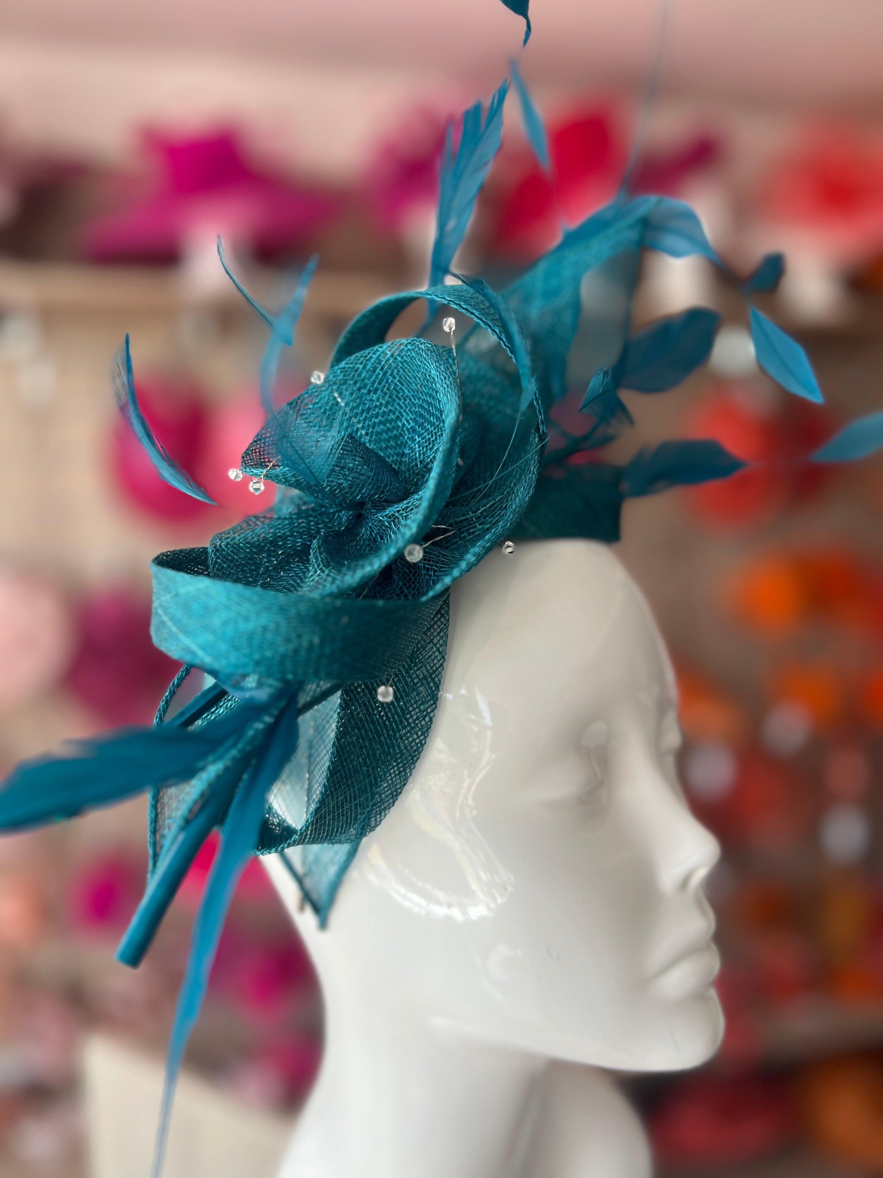 Large Winter Teal Fascinator with Quills Crystal Stamens