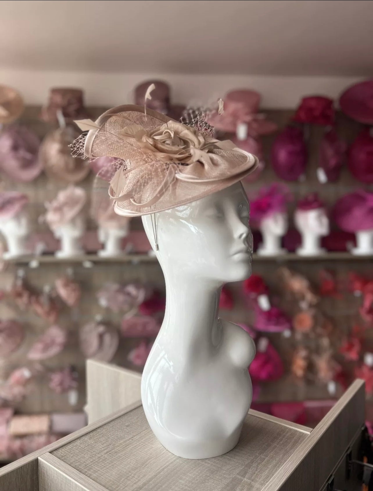 Latte Disc Fascinator with Fabric Rose & Netting-Fascinators Direct