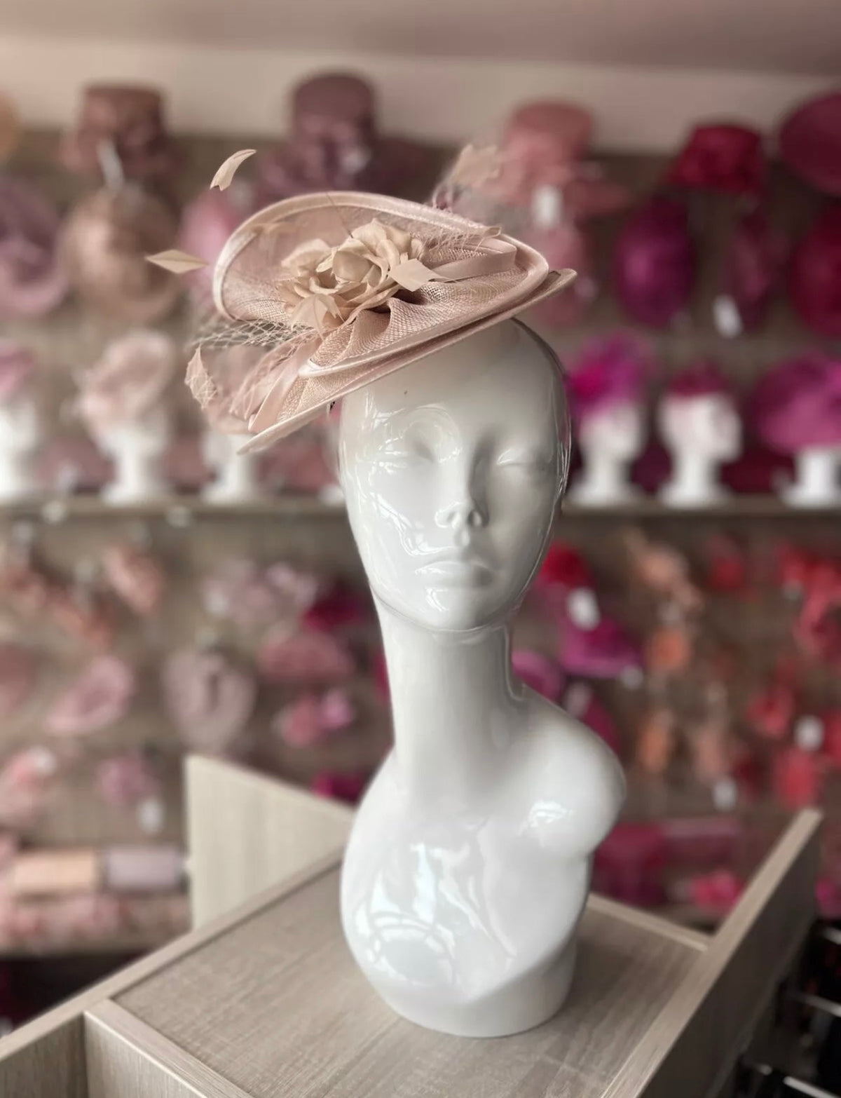 Latte Disc Fascinator with Fabric Rose &amp; Netting-Fascinators Direct