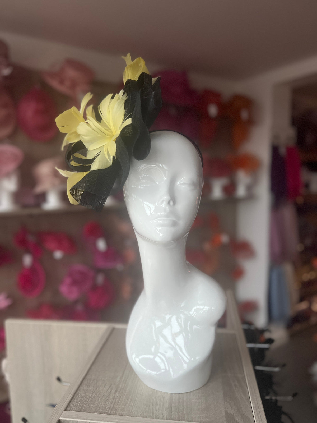 Lemon &amp; Black Large Fascinator With Feather Flowers &amp; Sinamay Curls-Fascinators Direct