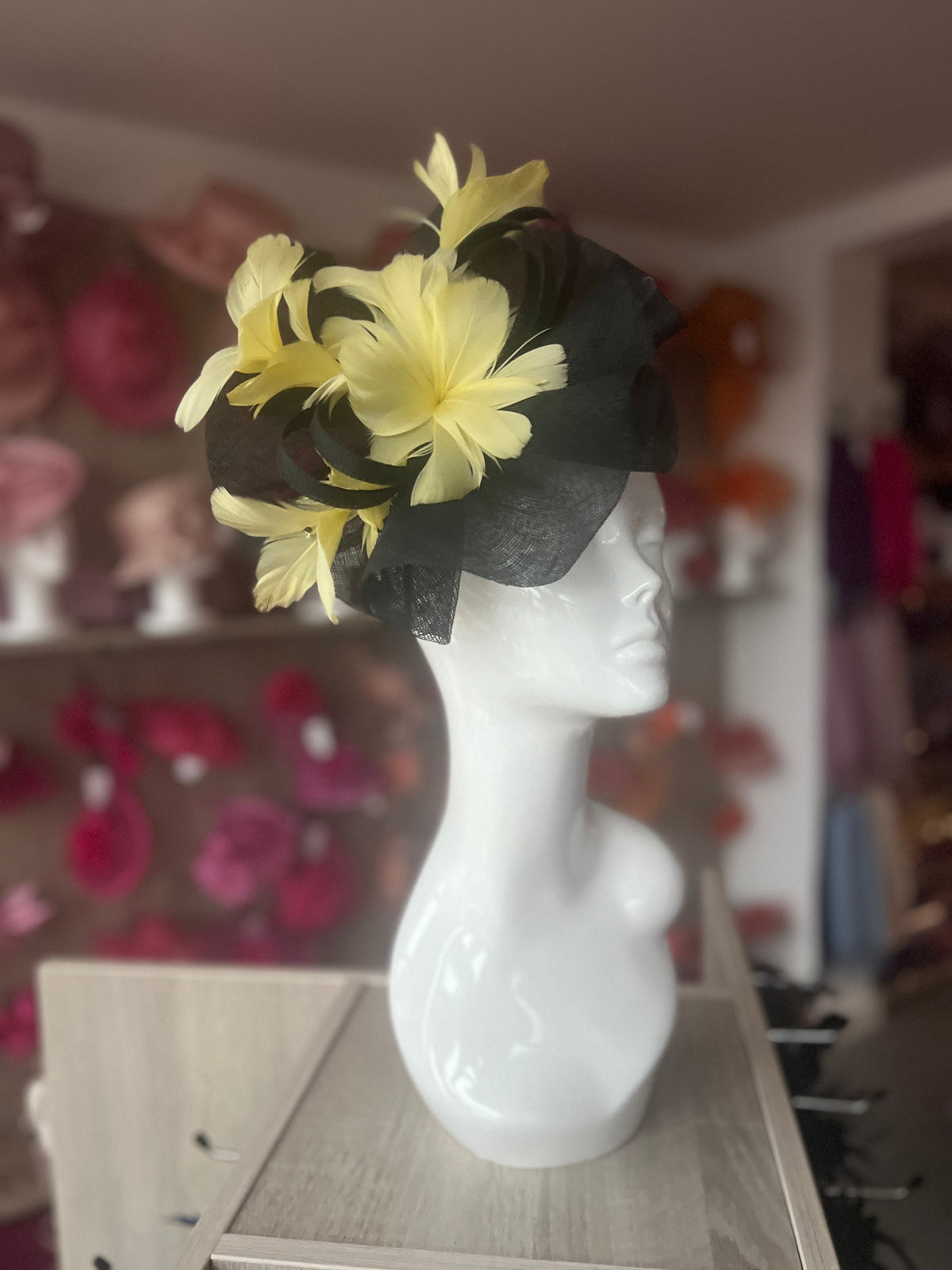 Lemon &amp; Black Large Fascinator With Feather Flowers &amp; Sinamay Curls-Fascinators Direct