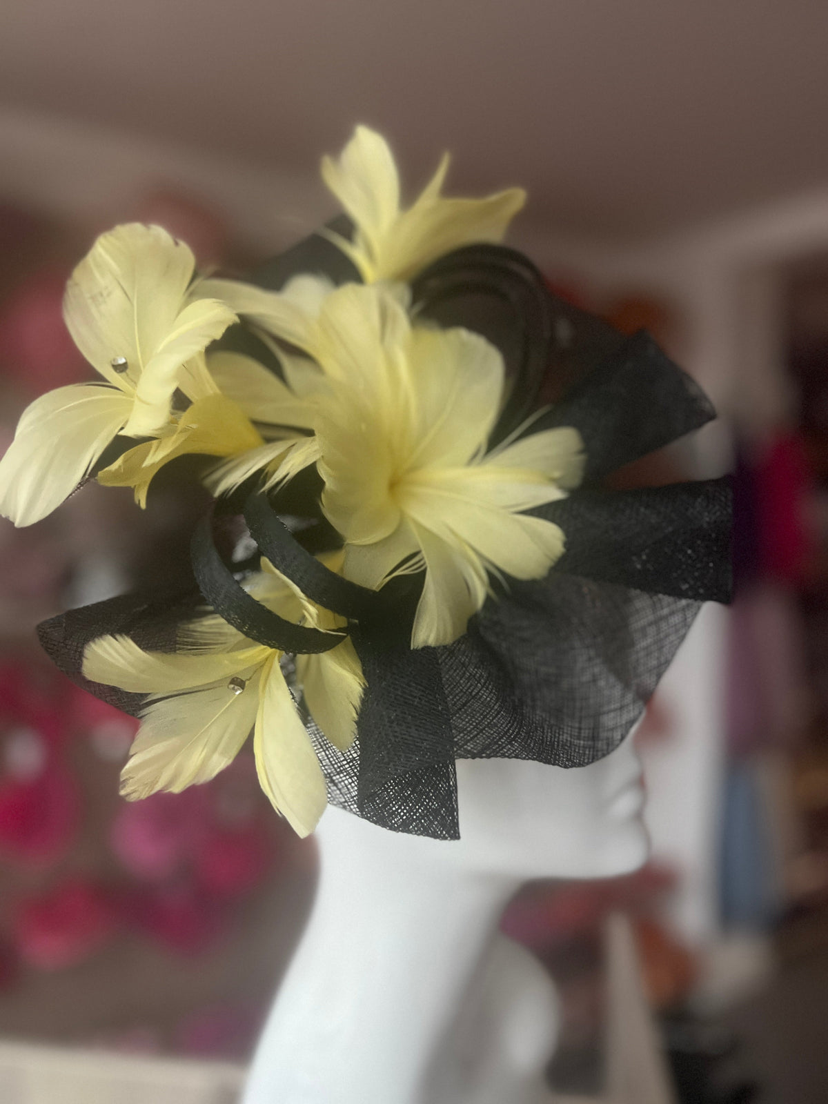 Lemon &amp; Black Large Fascinator With Feather Flowers &amp; Sinamay Curls-Fascinators Direct