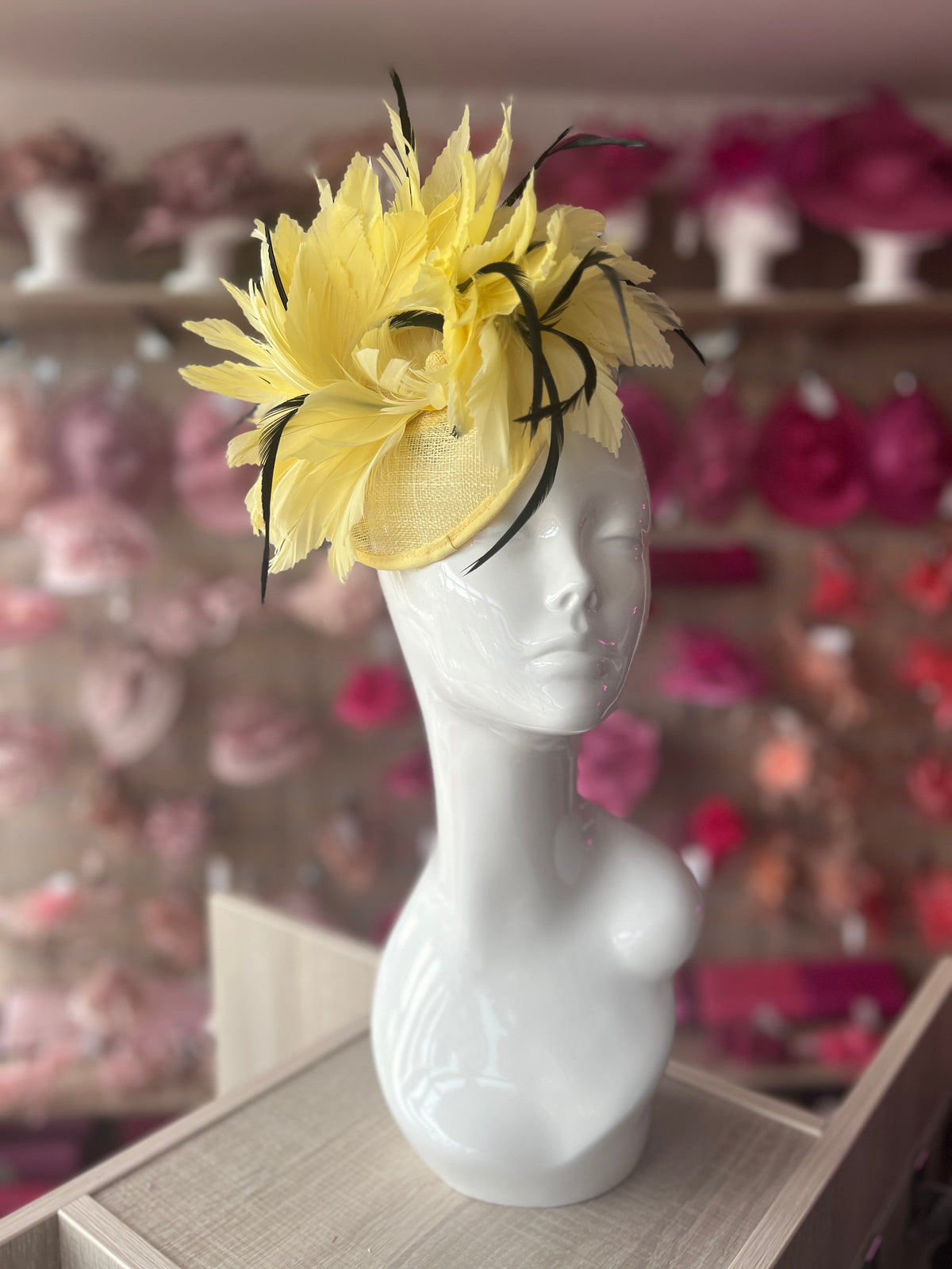 Lemon Disc Fascinator With Bendable Feather-Fascinators Direct