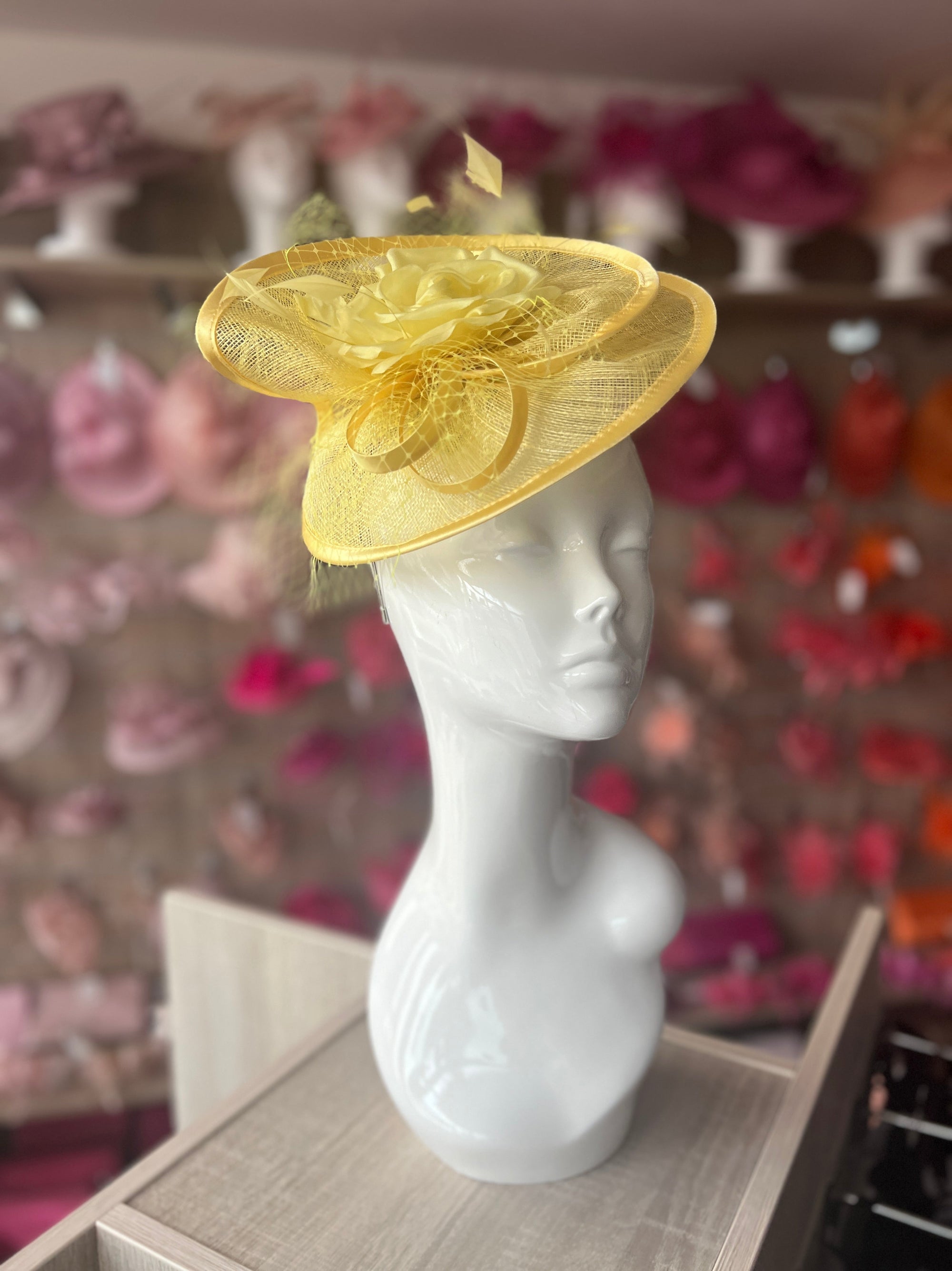 Lemon Disc Fascinator with Fabric Rose & Netting-Fascinators Direct