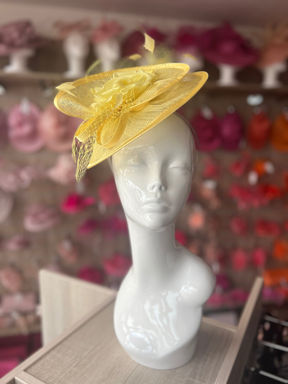 Lemon Disc Fascinator with Fabric Rose &amp; Netting-Fascinators Direct