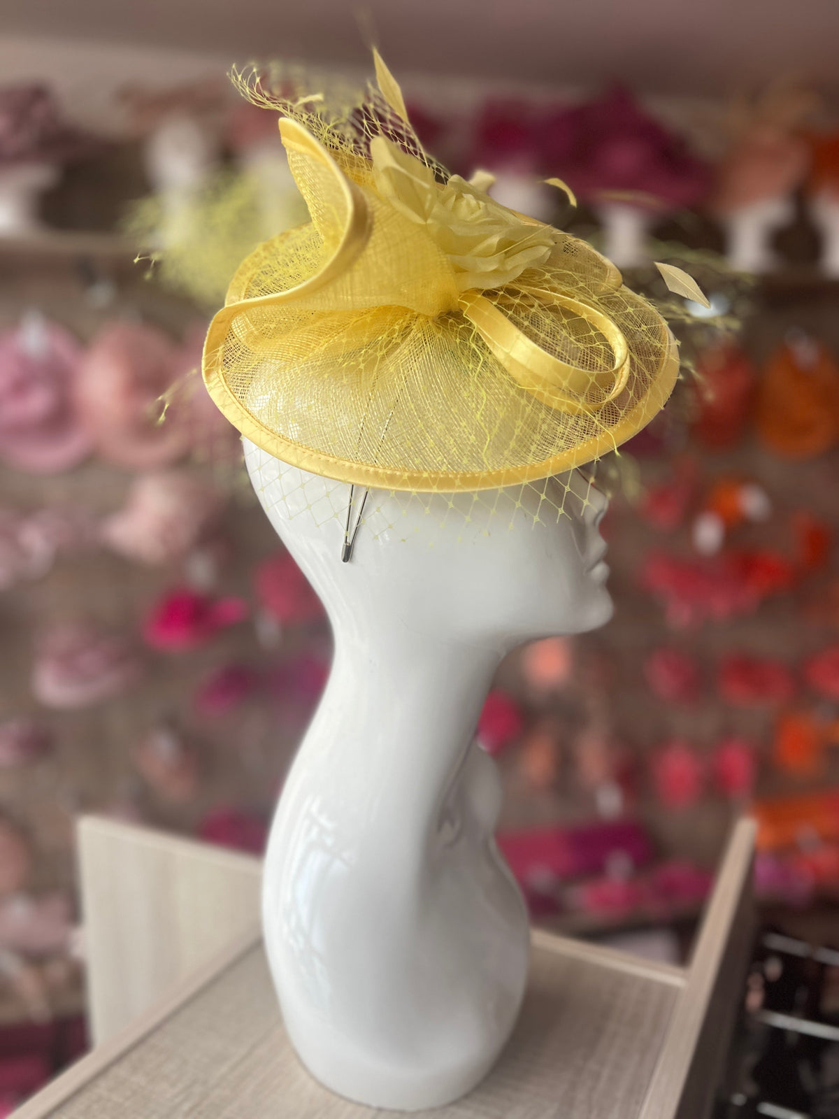 Lemon Disc Fascinator with Fabric Rose &amp; Netting-Fascinators Direct
