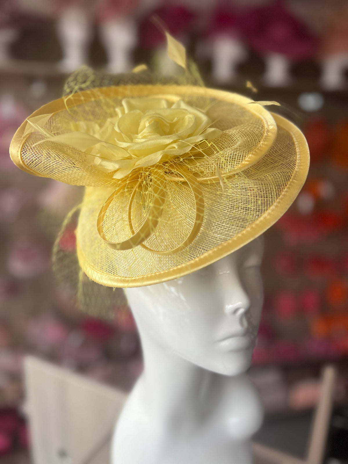 Lemon Disc Fascinator with Fabric Rose &amp; Netting-Fascinators Direct