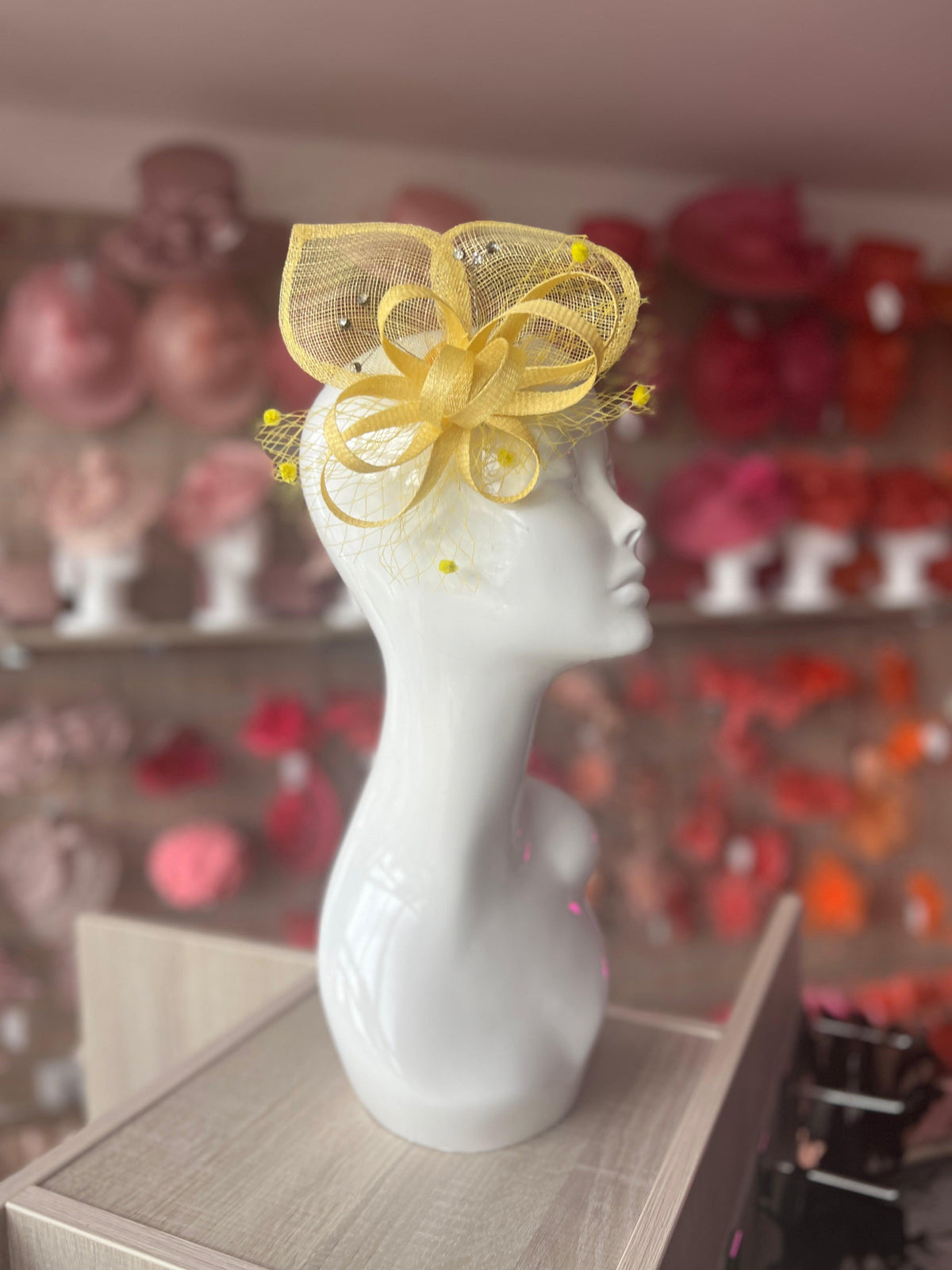 Lemon Hair Fascinator With Netting &amp; Diamantes-Fascinators Direct